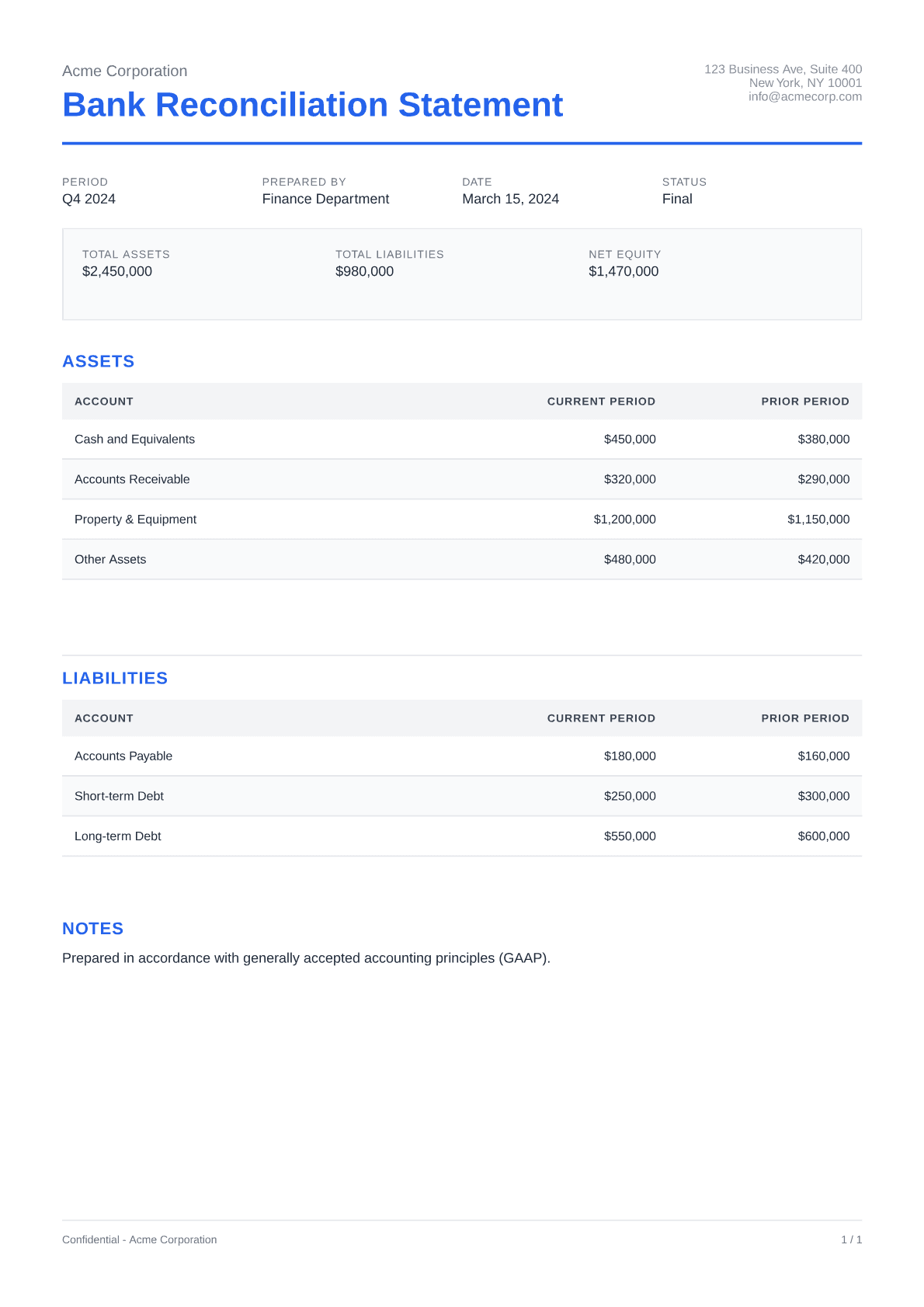 Bank Reconciliation Statement - Clean theme