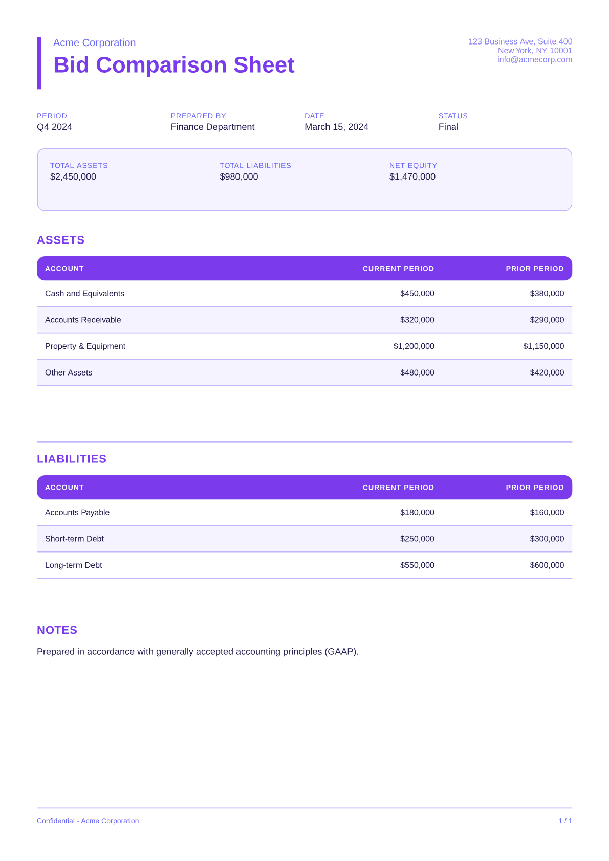 Bid Comparison Sheet - Bold theme