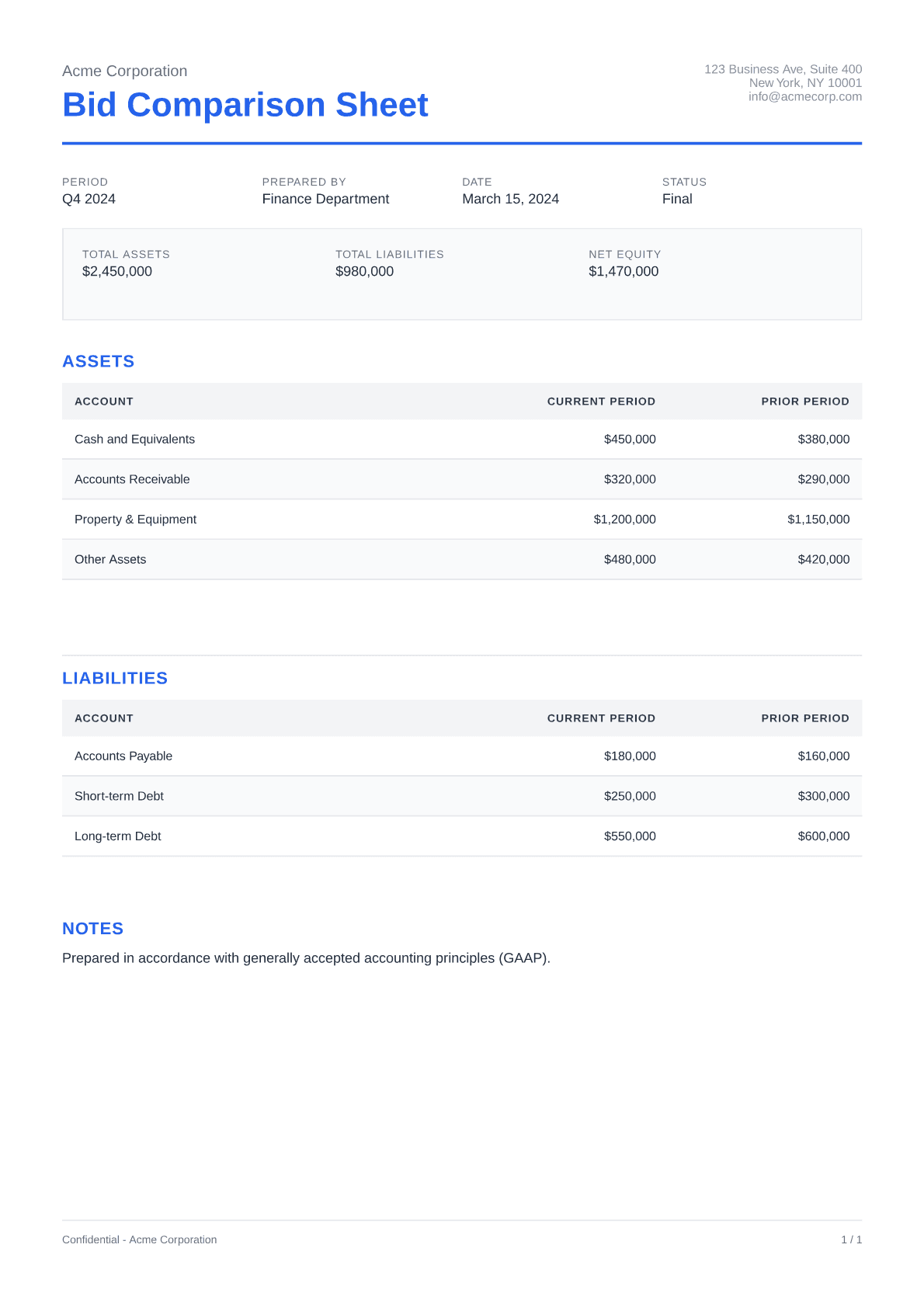 Bid Comparison Sheet - Clean theme