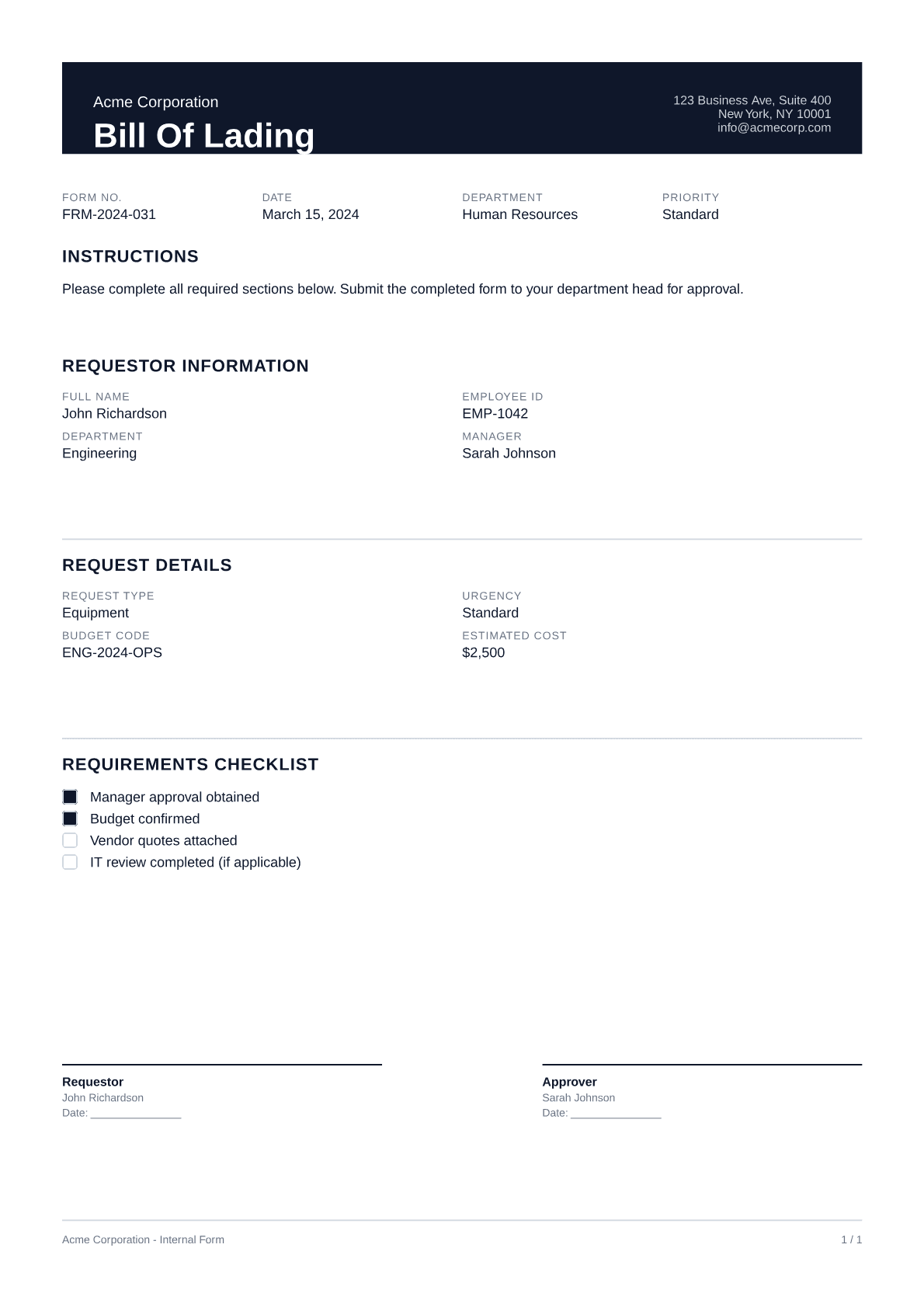 Bill of Lading - Professional theme