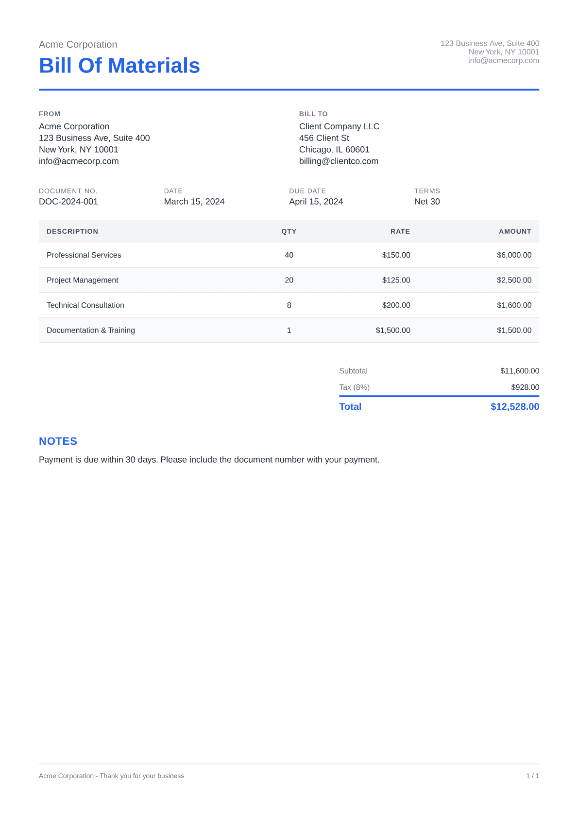 Bill of Materials - Clean theme