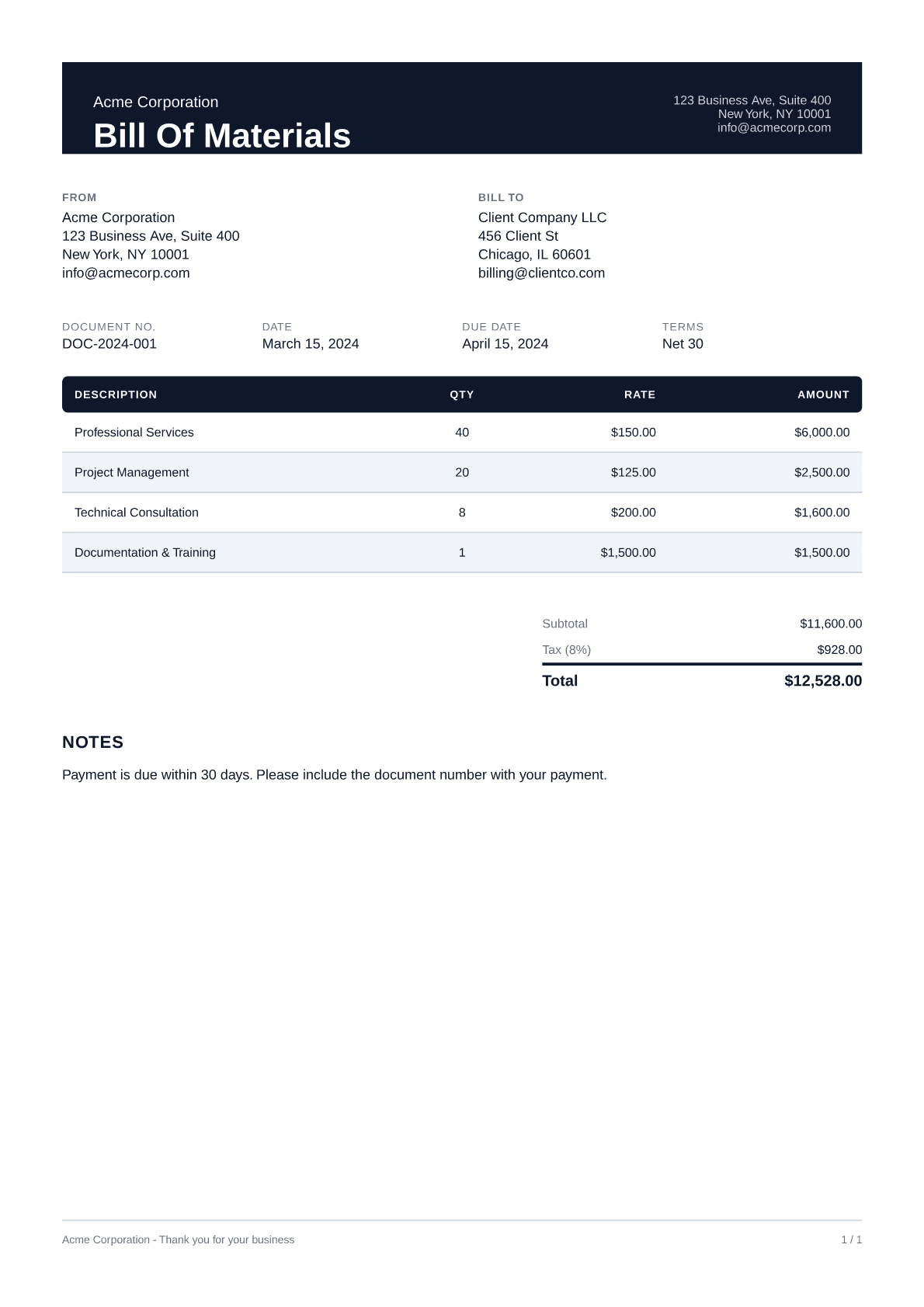 Bill of Materials - Professional theme