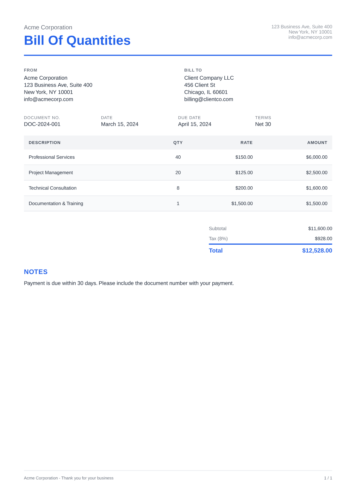 Bill of Quantities - Clean theme