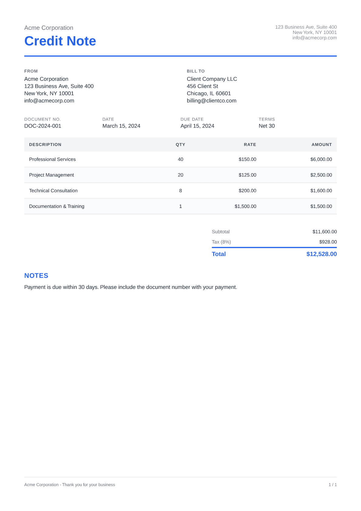 Credit Note - Clean theme