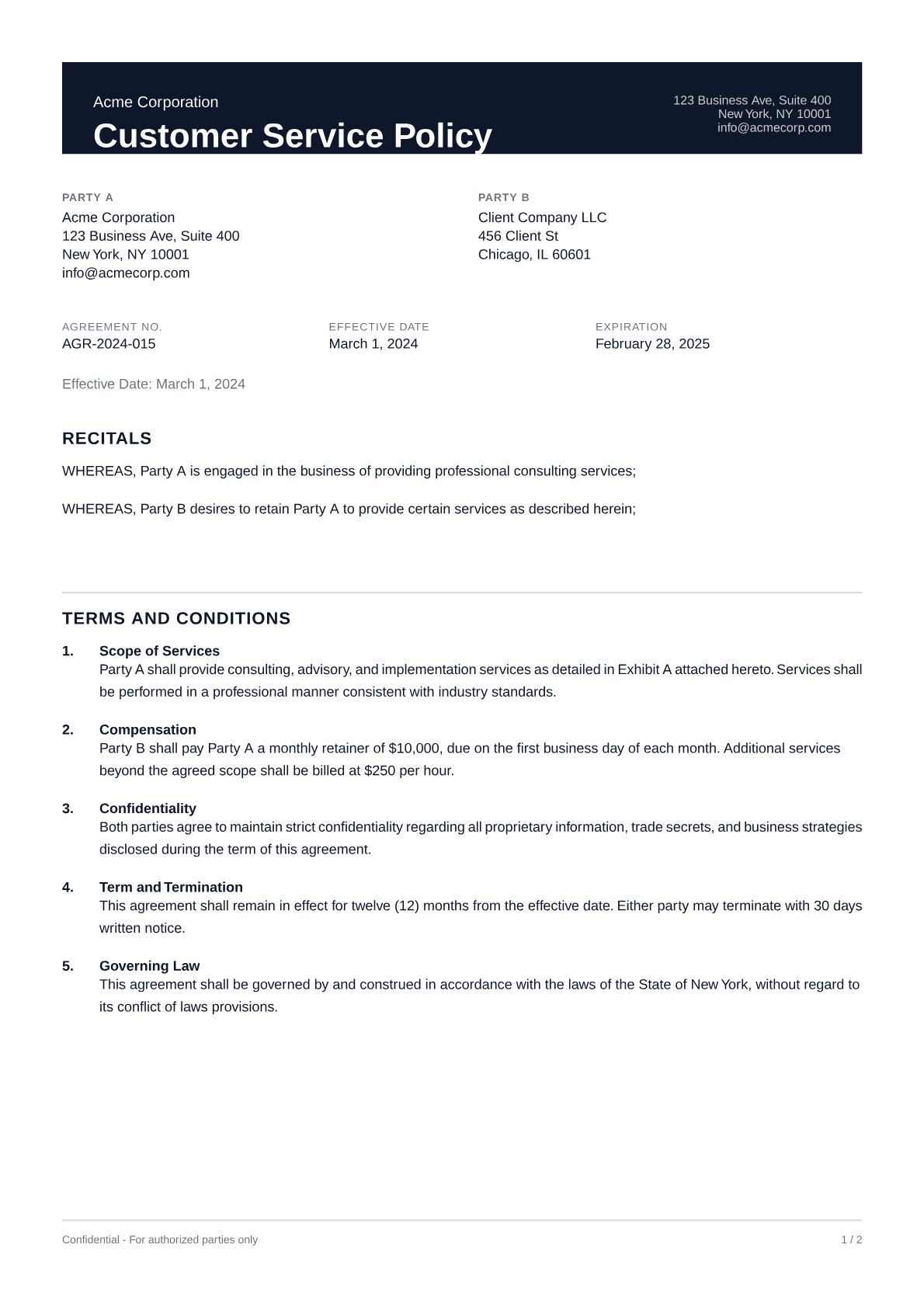 Customer Service Policy - Professional theme