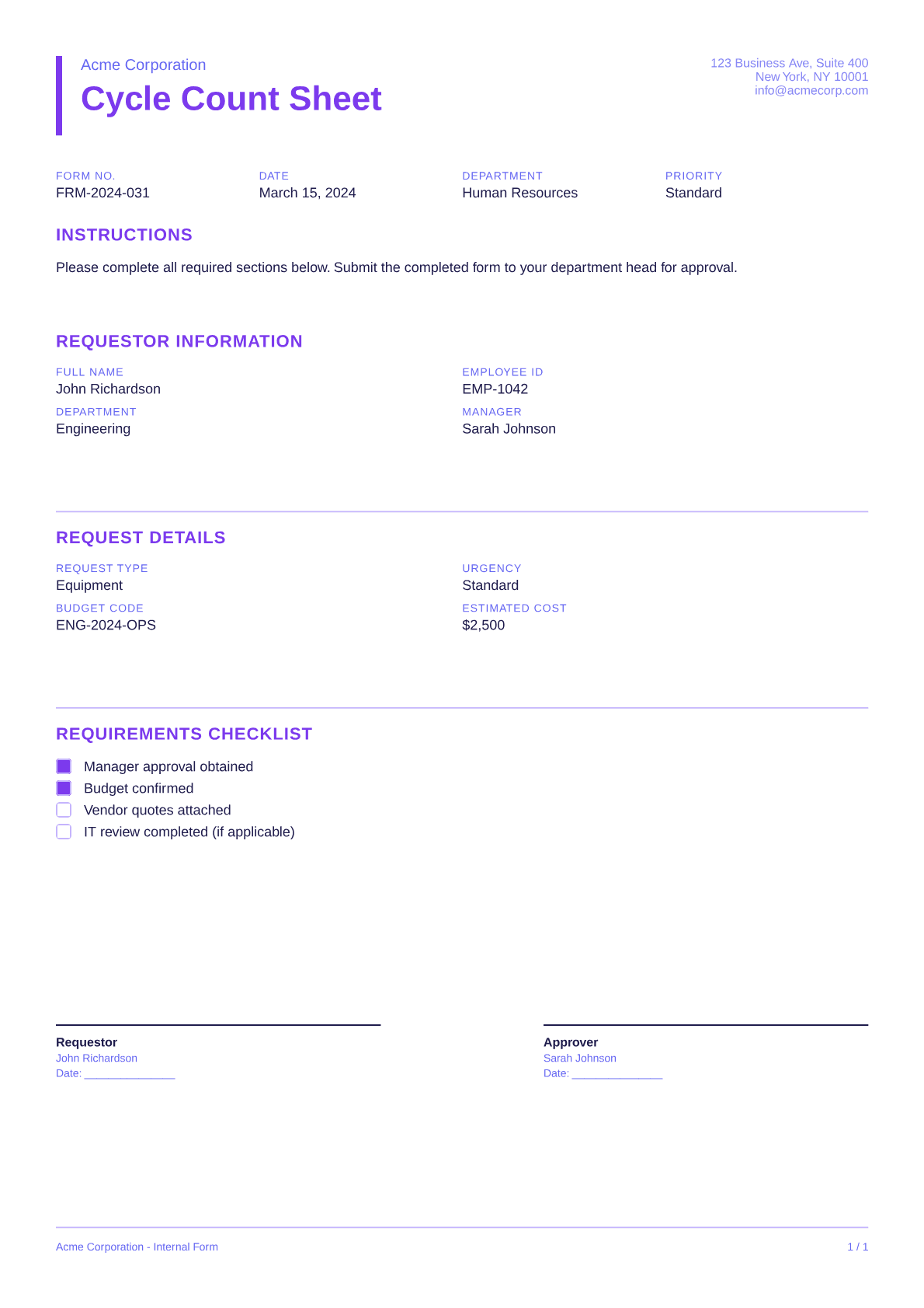 Cycle Count Sheet - Bold theme