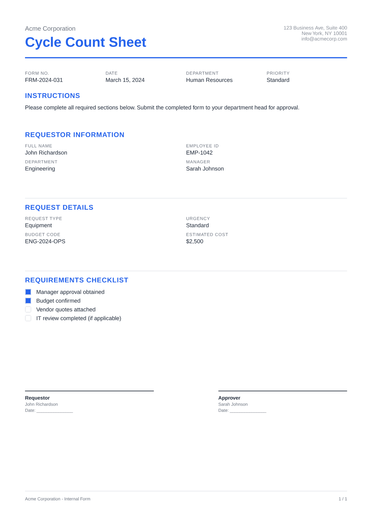 Cycle Count Sheet - Clean theme