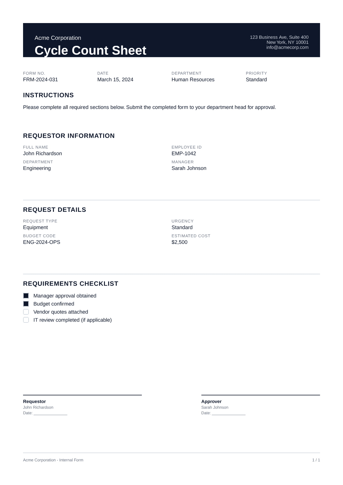 Cycle Count Sheet - Professional theme