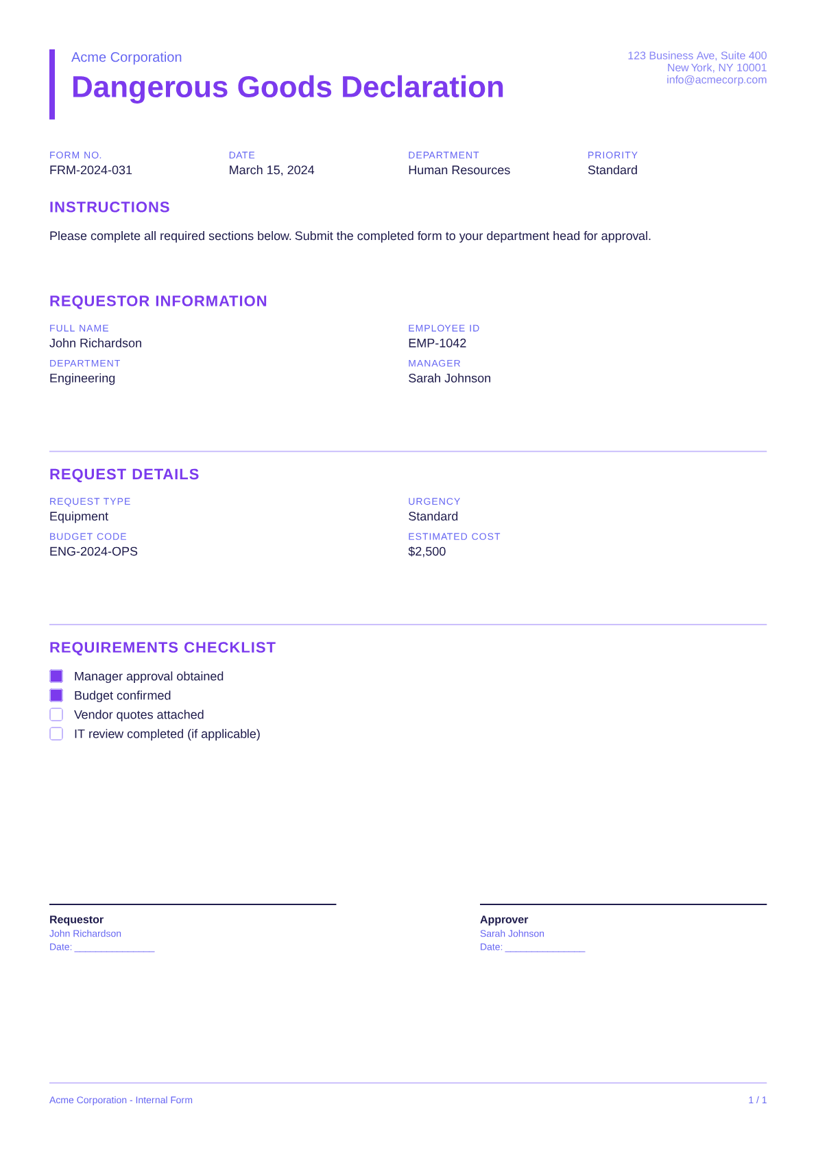 Dangerous Goods Declaration - Bold theme