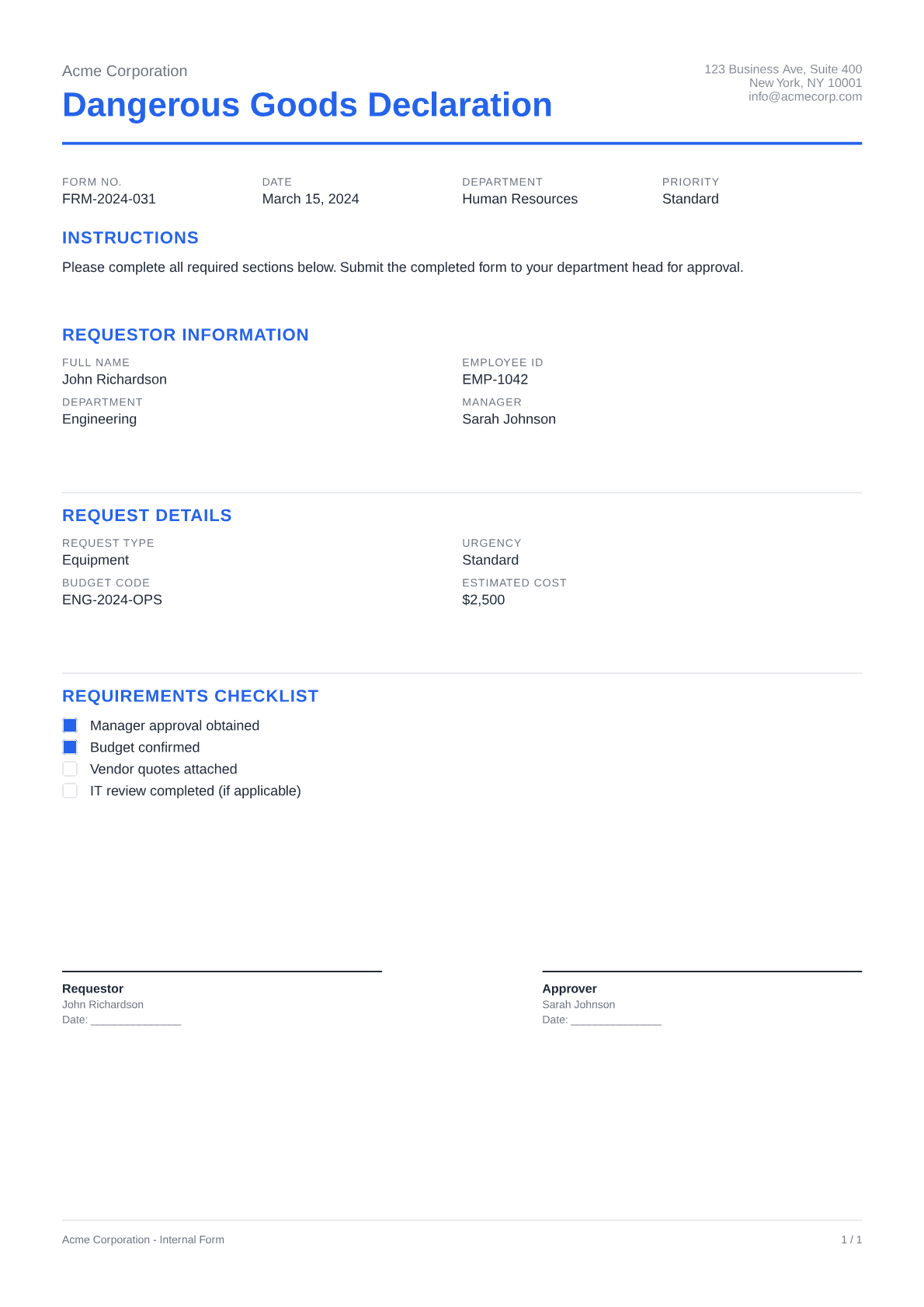Dangerous Goods Declaration - Clean theme