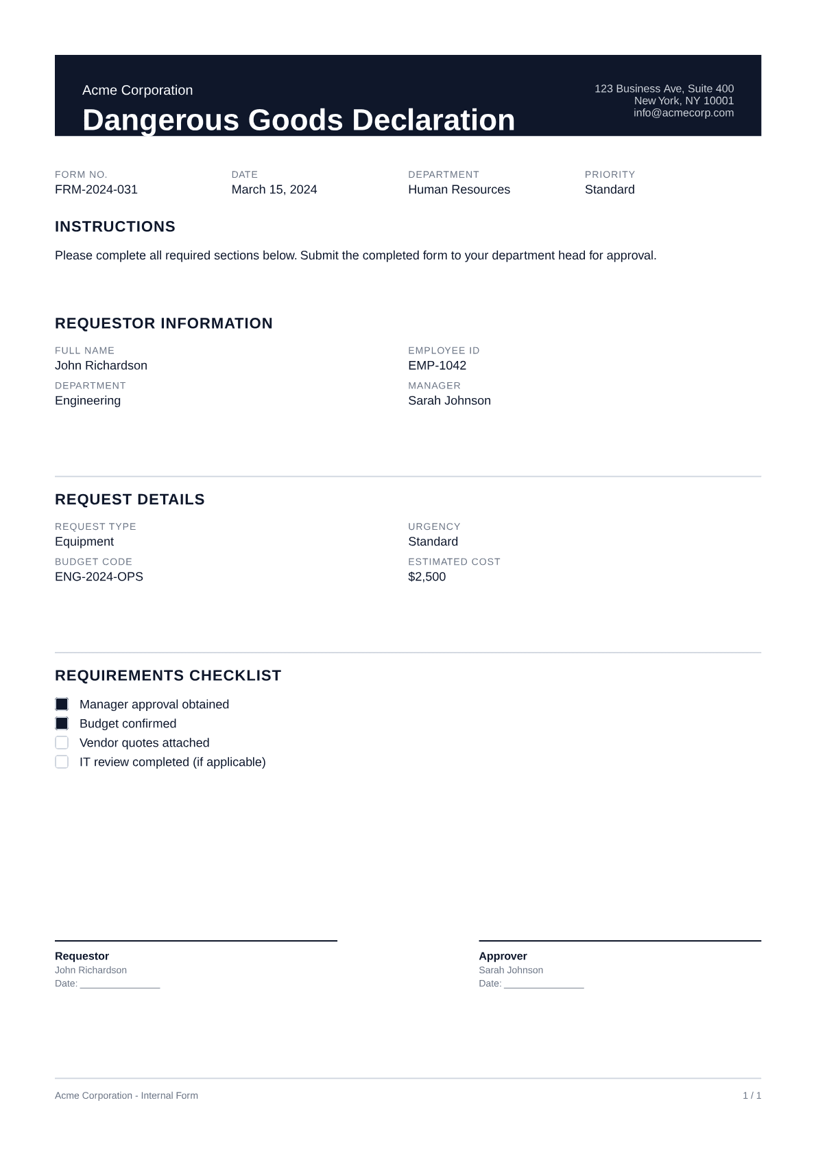 Dangerous Goods Declaration - Professional theme