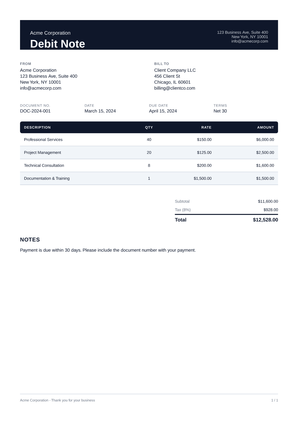 Debit Note - Professional theme