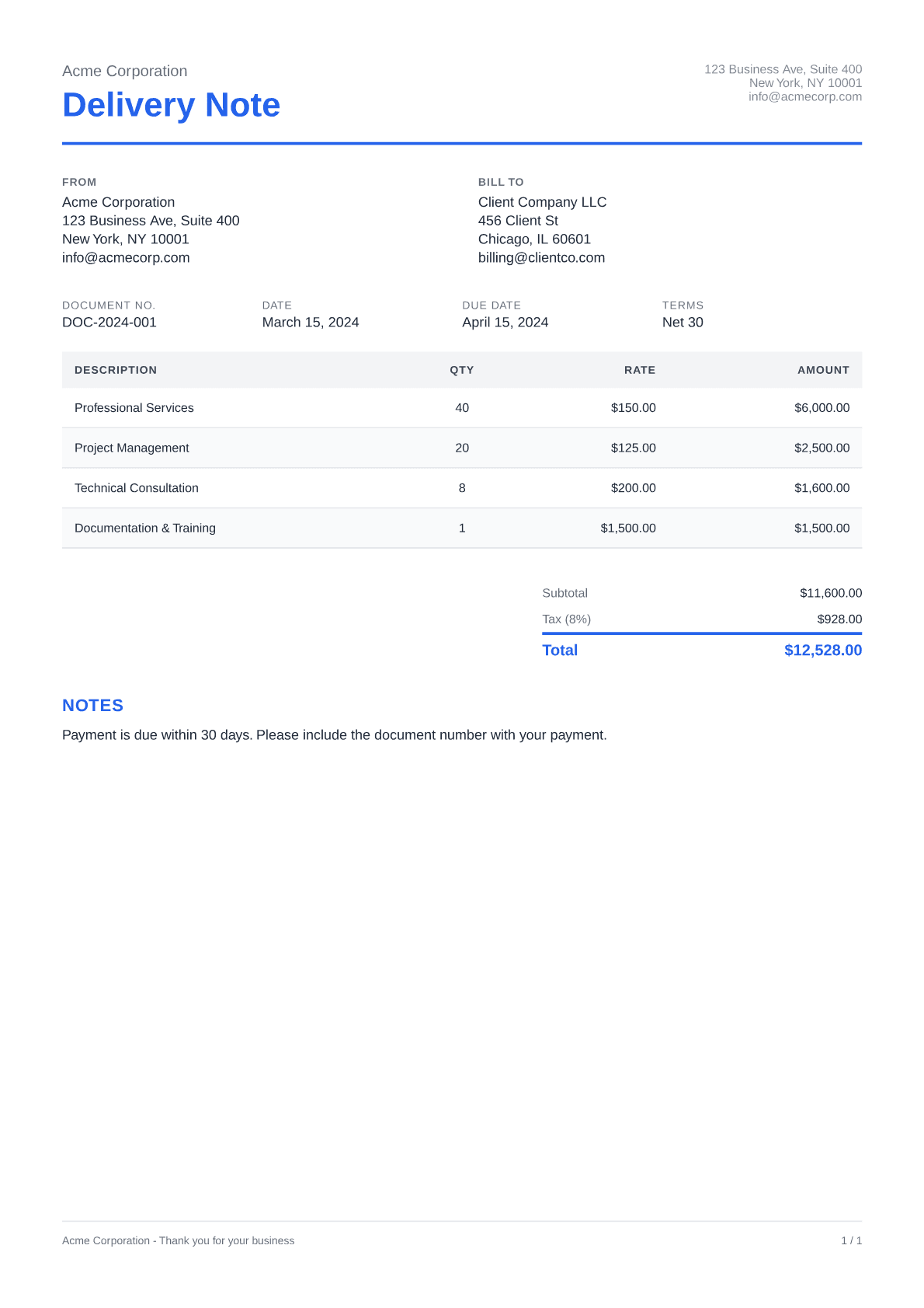 Delivery Note - Clean theme