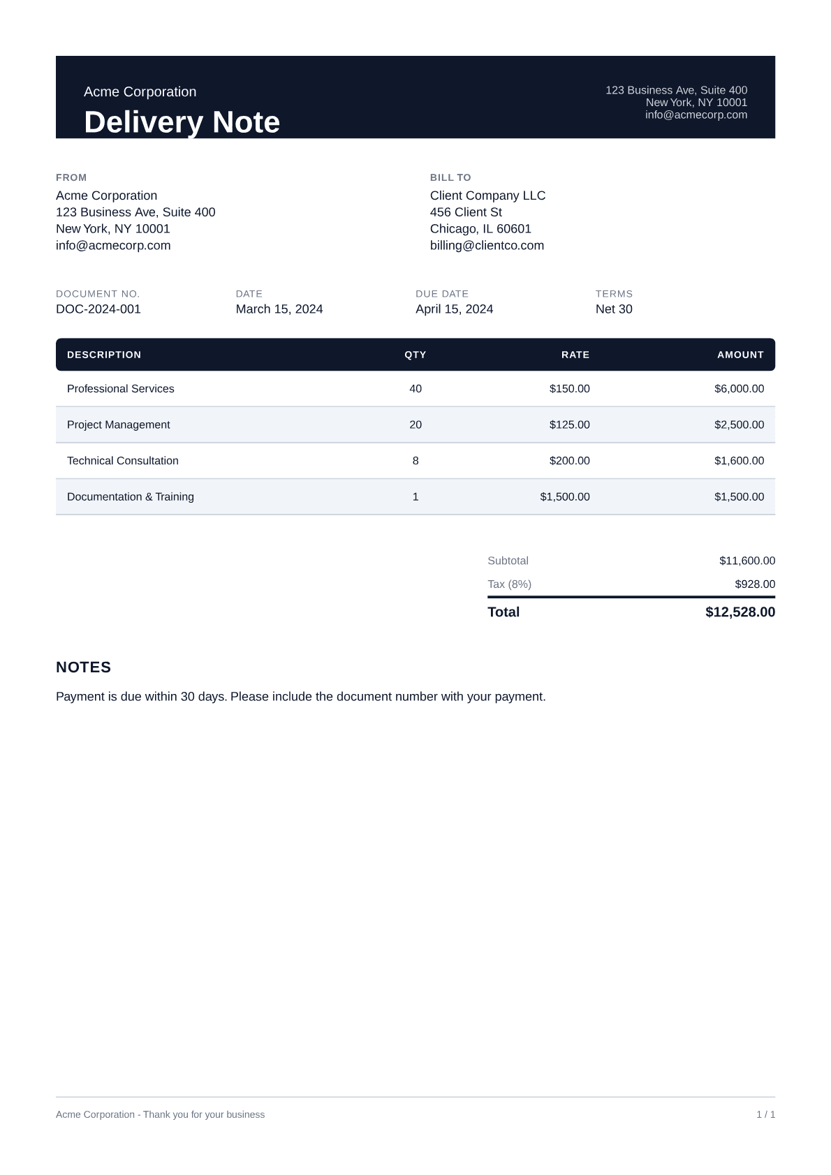 Delivery Note - Professional theme