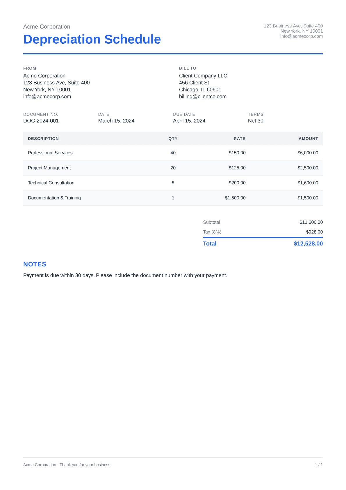 Depreciation Schedule - Clean theme