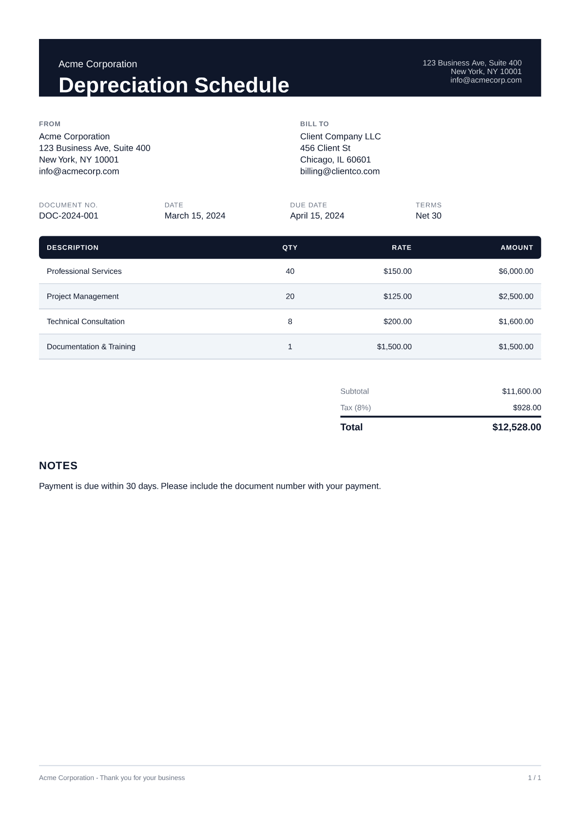 Depreciation Schedule - Professional theme
