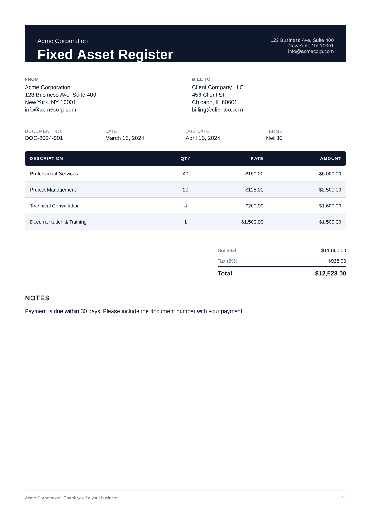 Fixed Asset Register - Professional theme