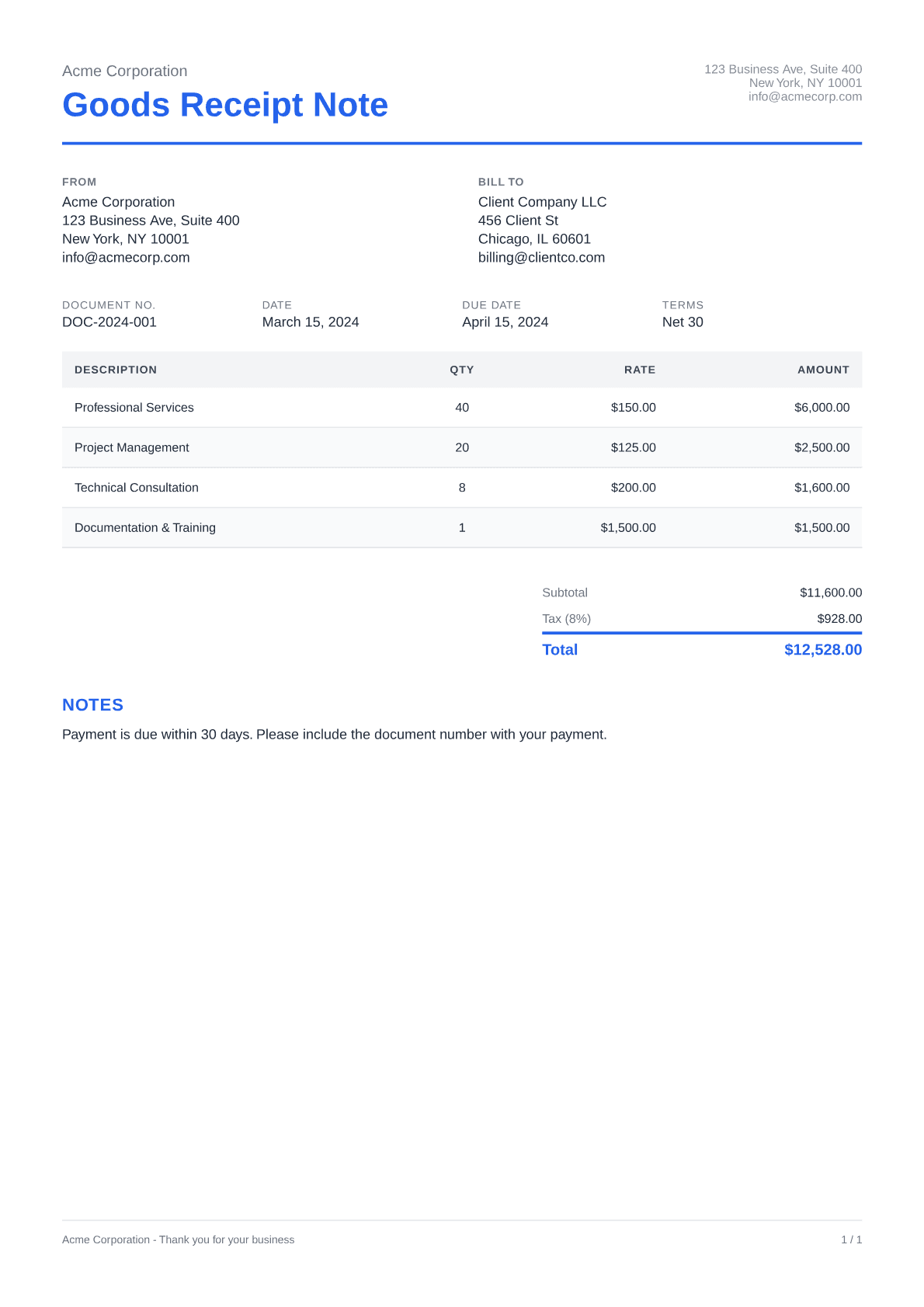 Goods Receipt Note - Clean theme