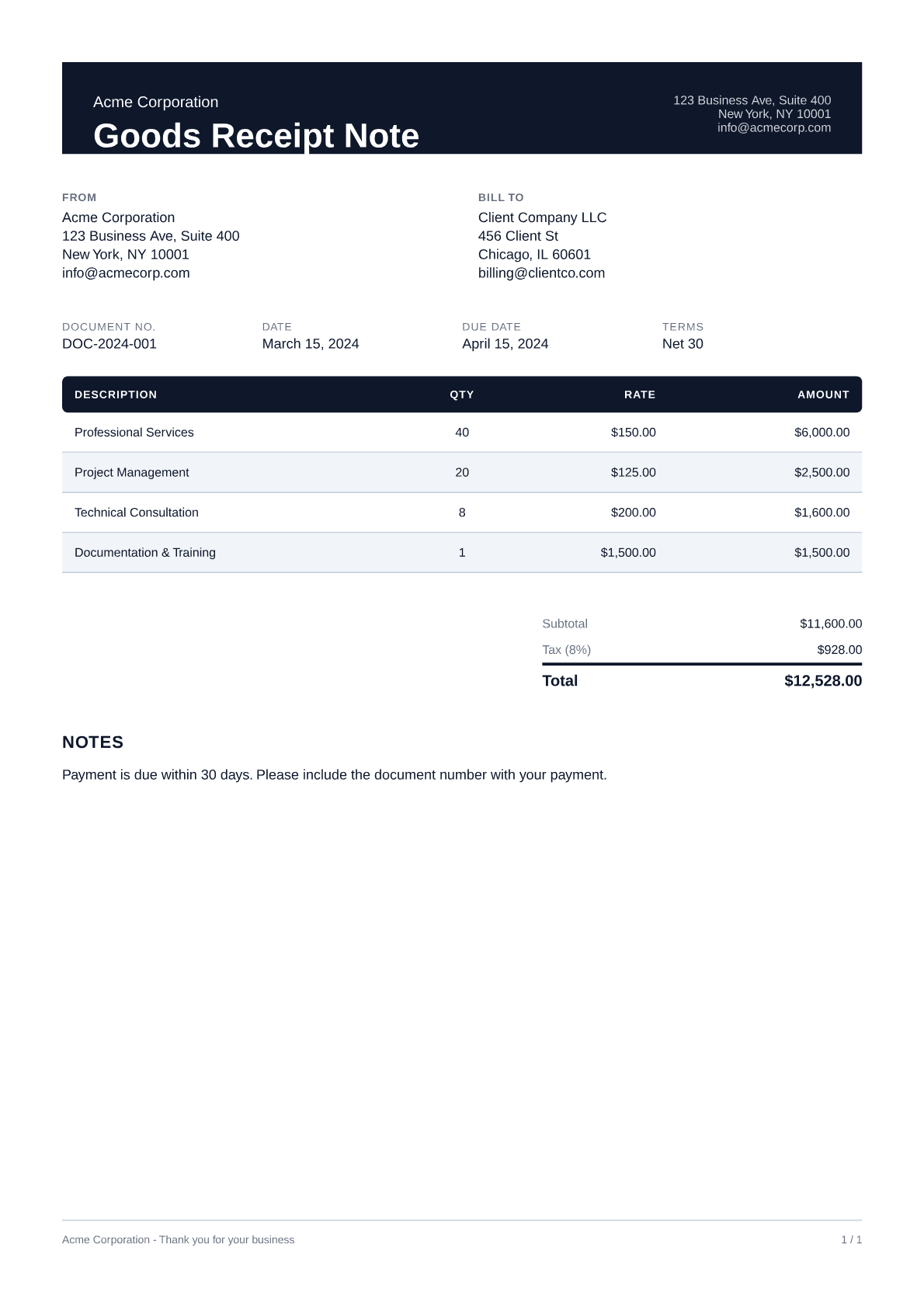 Goods Receipt Note - Professional theme