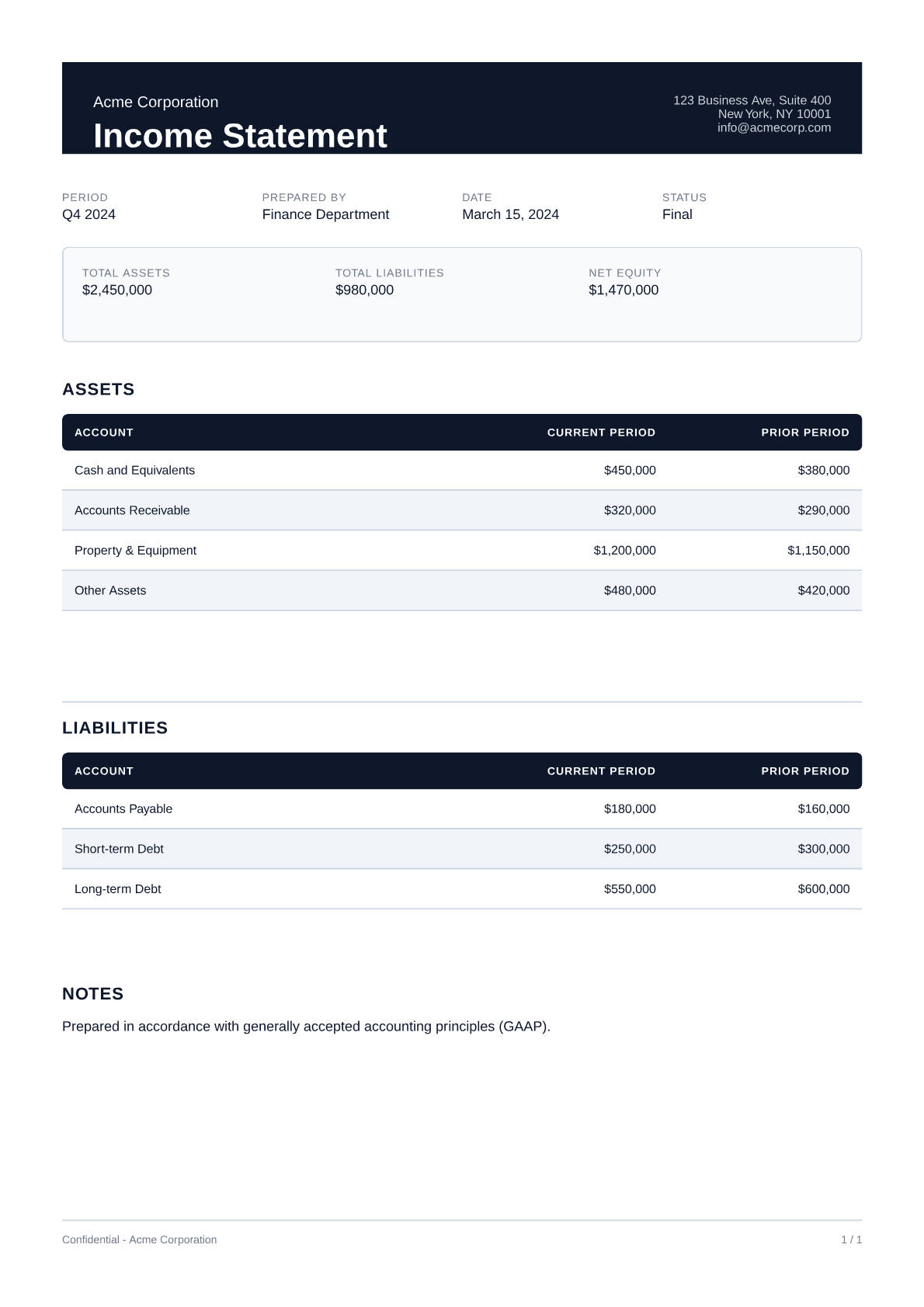 Income Statement - Professional theme