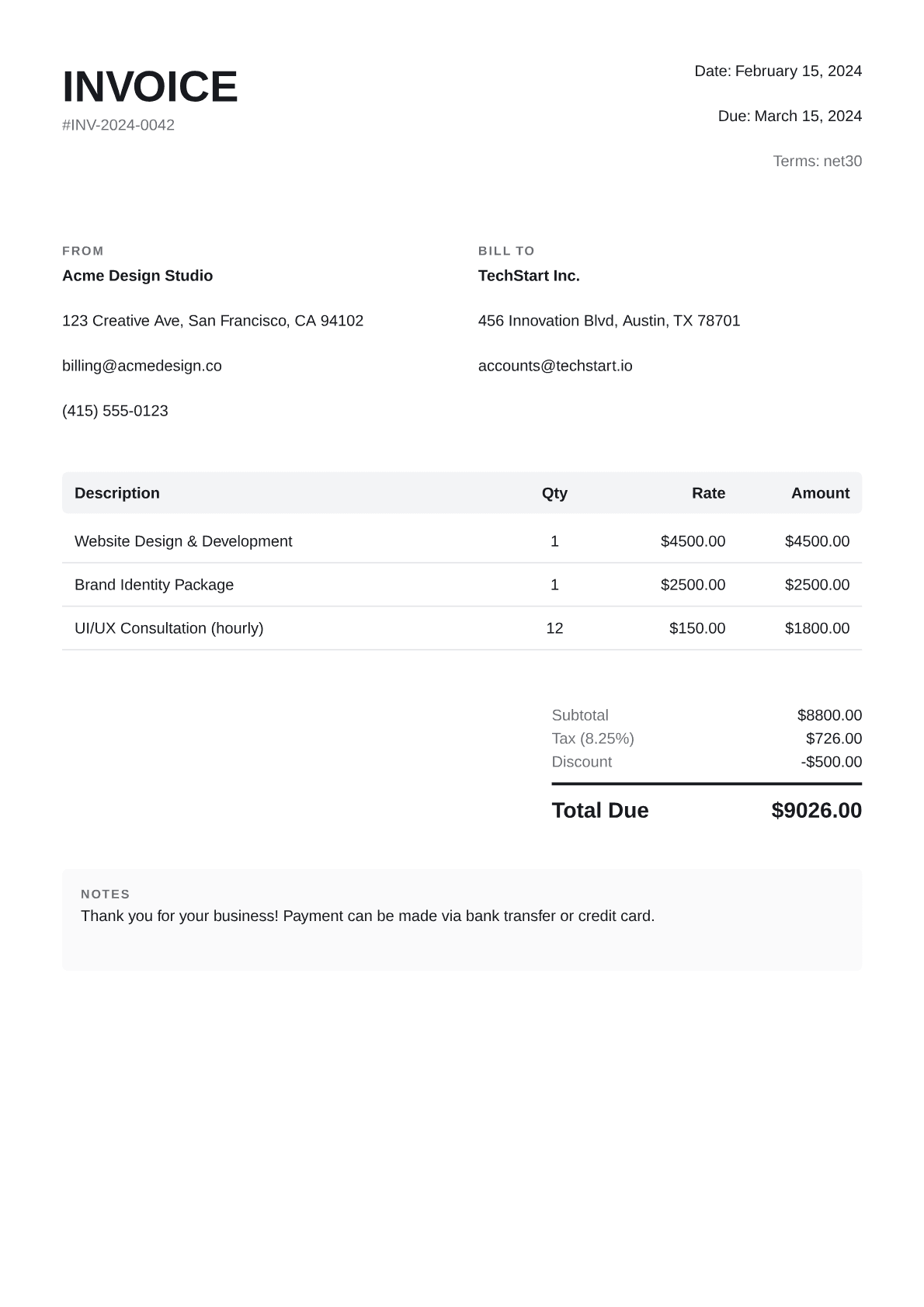 Clean invoice template preview