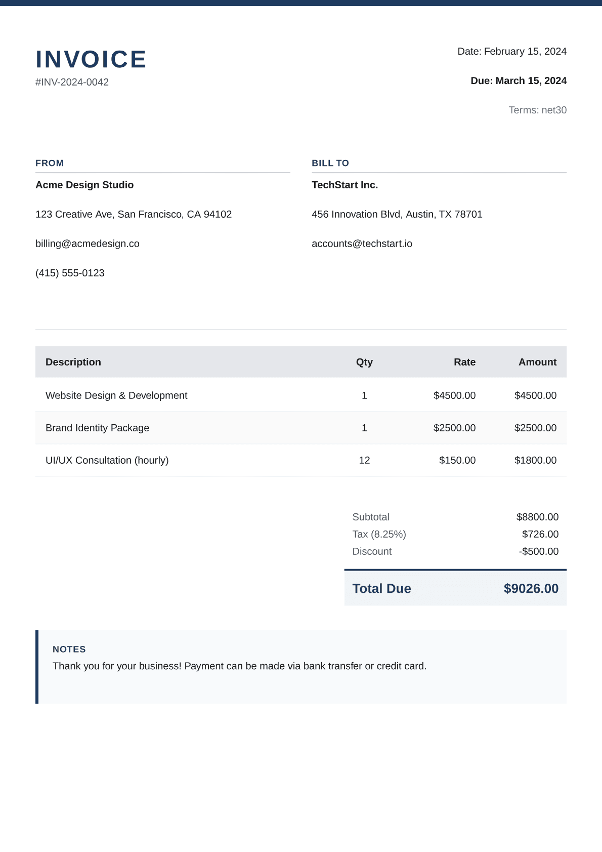 Professional invoice template preview