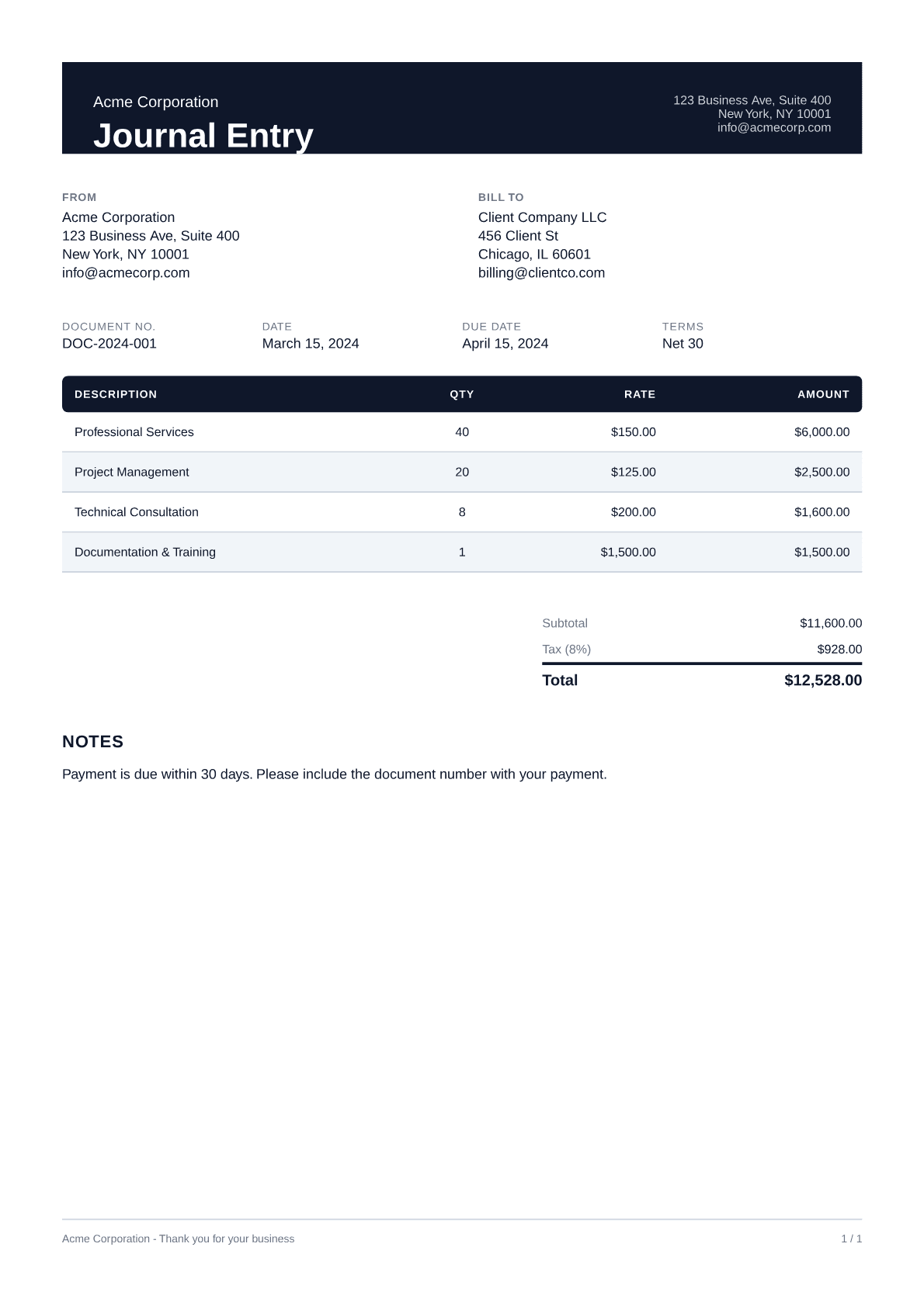 Journal Entry - Professional theme