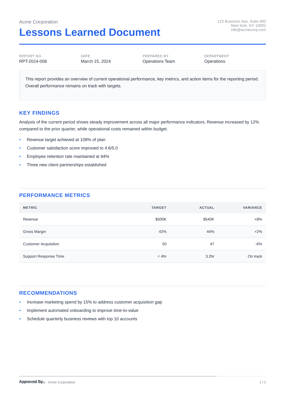 Lessons Learned Document - Clean theme