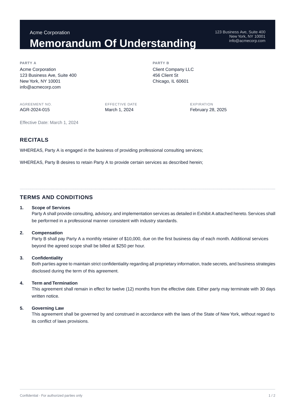 Memorandum of Understanding - Professional theme