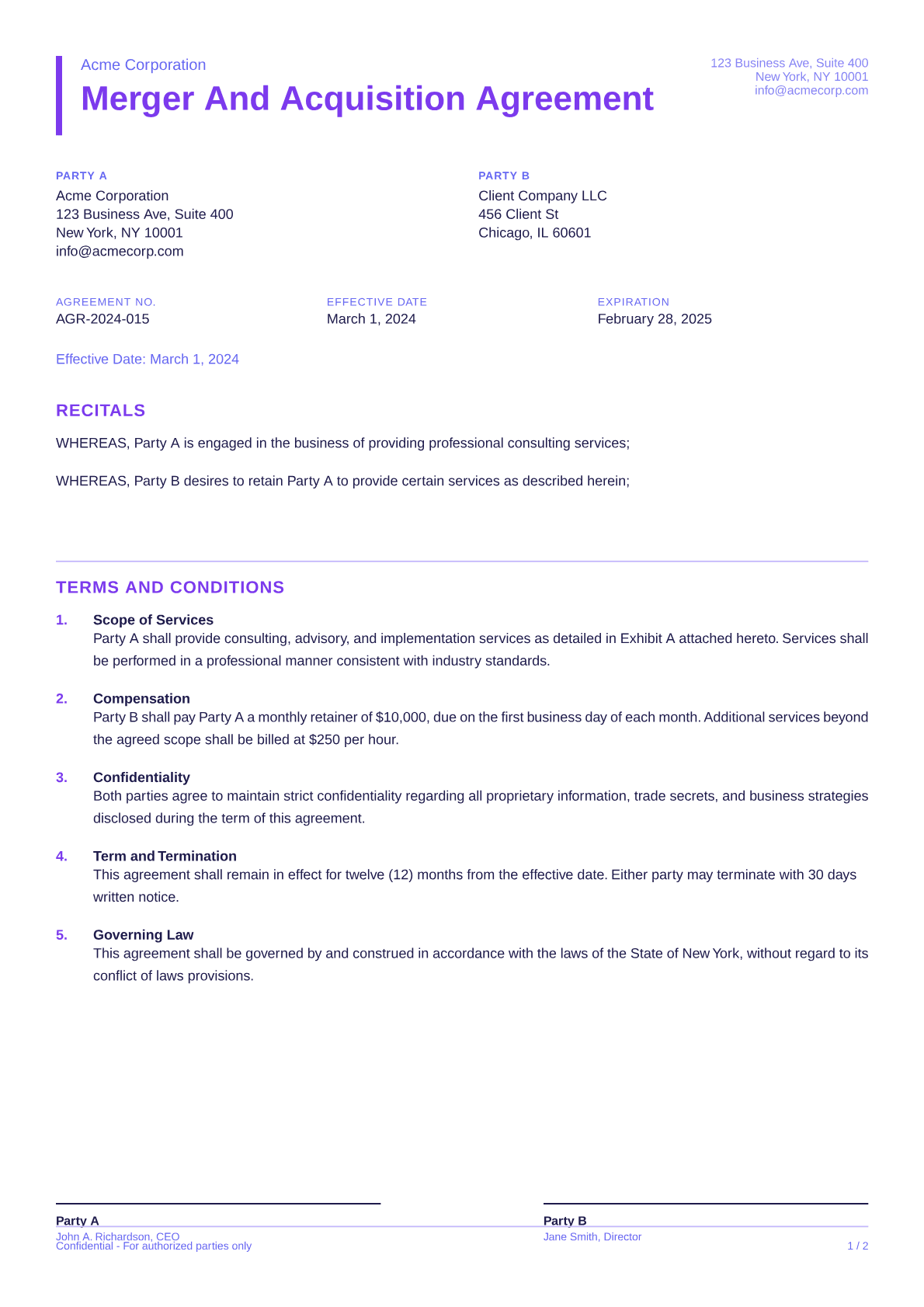 Merger and Acquisition Agreement - Bold theme