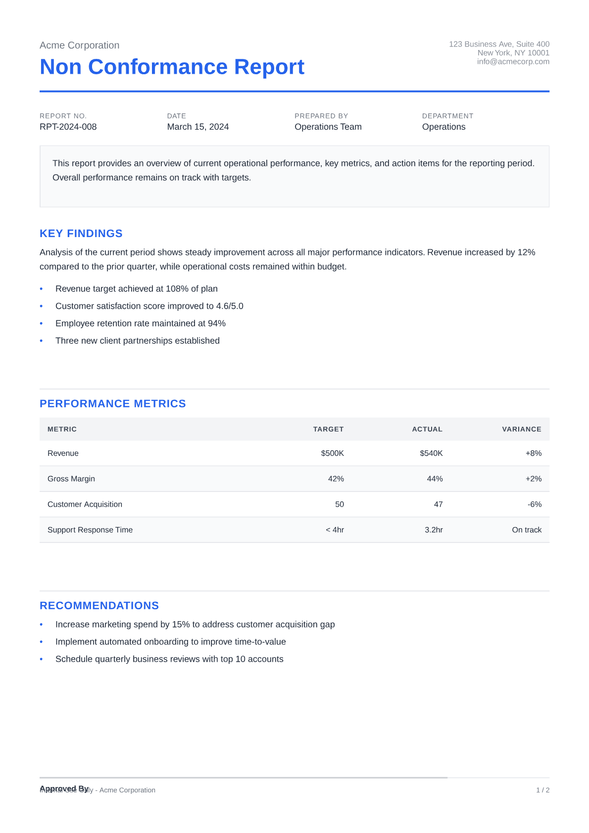Non-Conformance Report - Clean theme