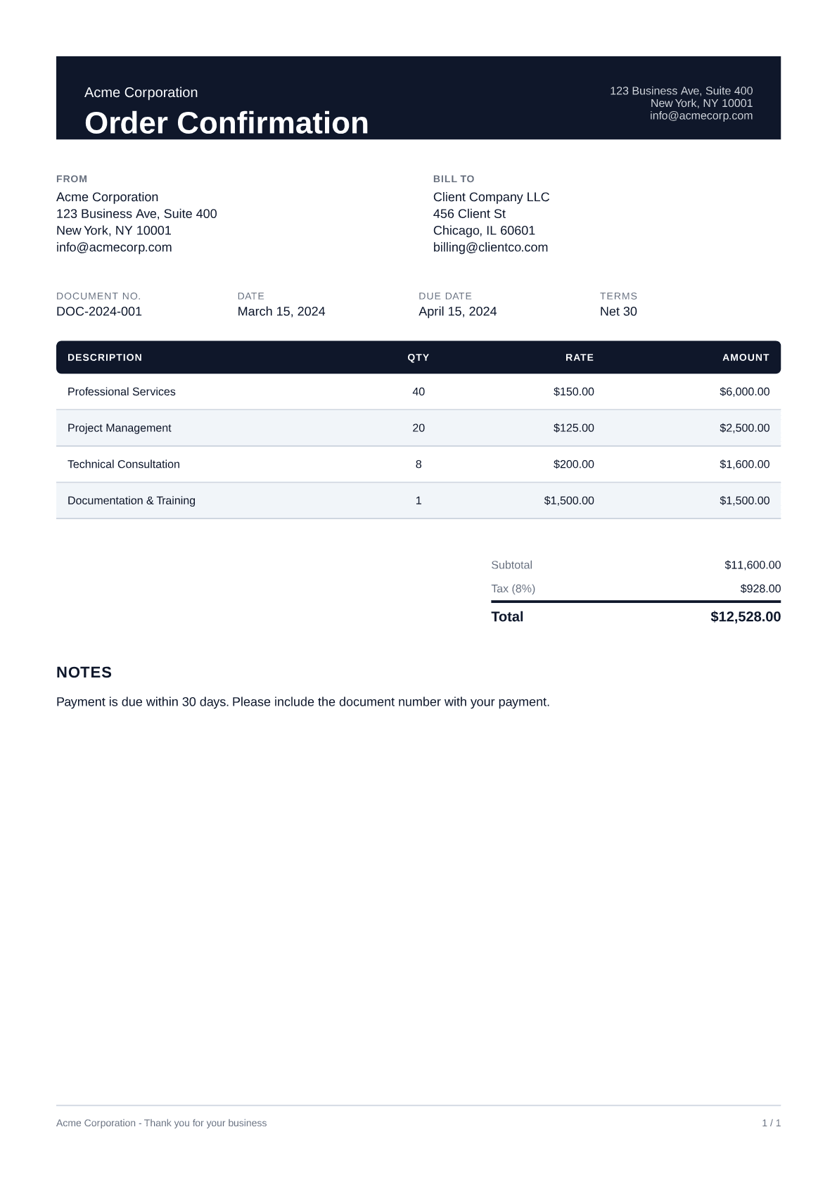 Order Confirmation - Professional theme