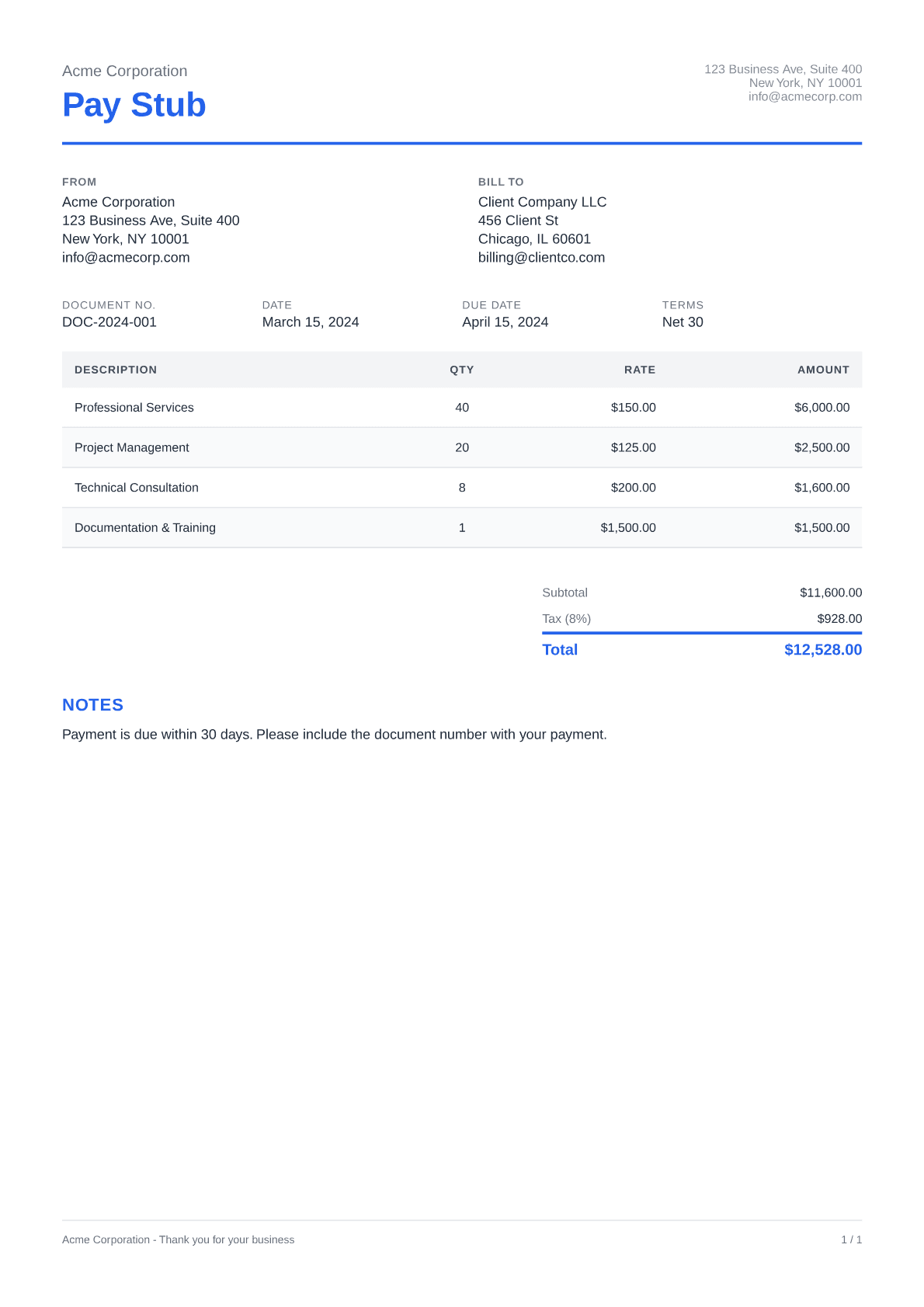 Pay Stub - Clean theme