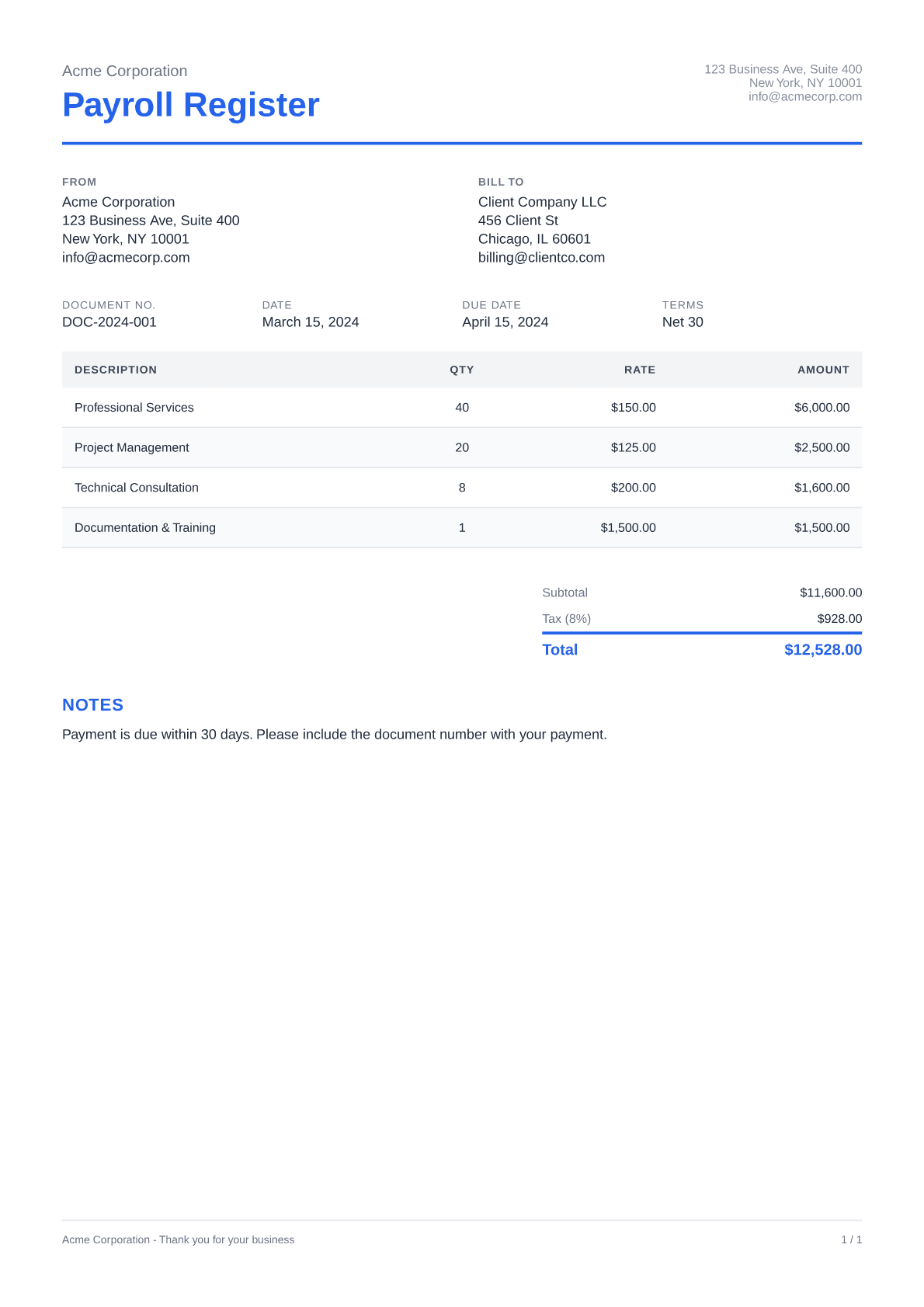 Payroll Register - Clean theme