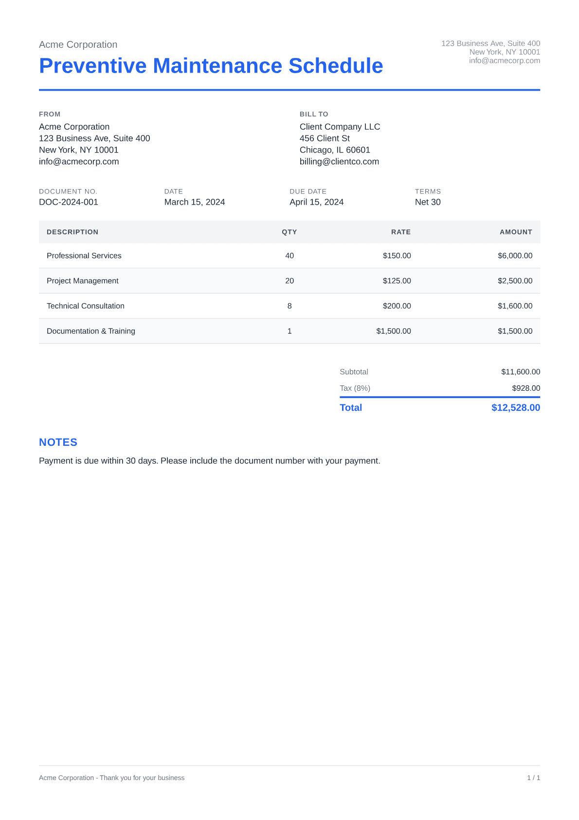 Preventive Maintenance Schedule - Clean theme
