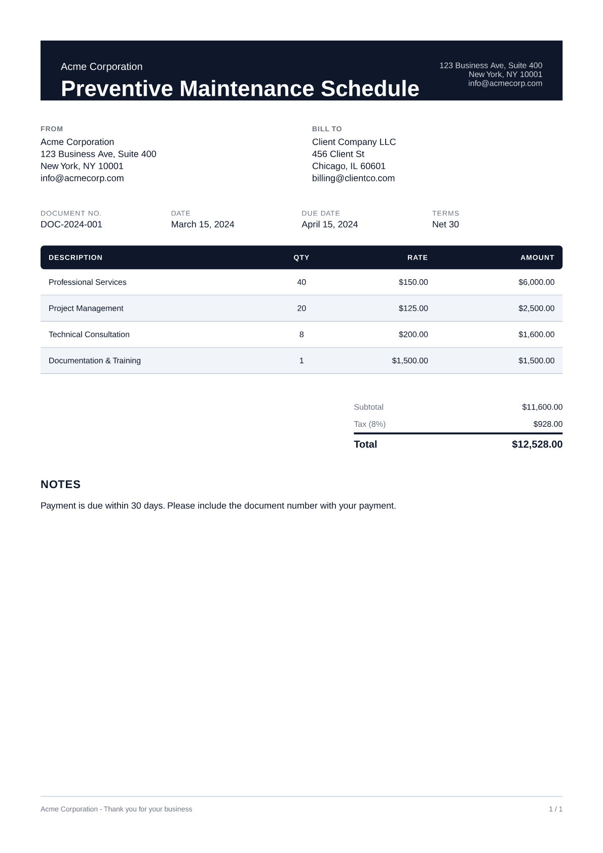 Preventive Maintenance Schedule - Professional theme