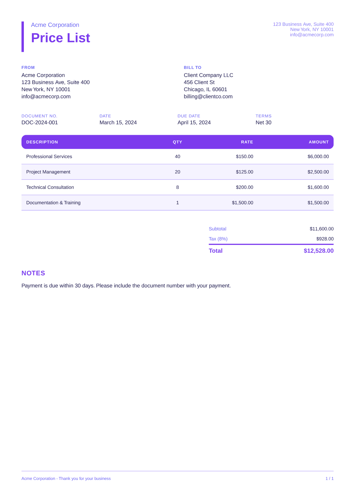 Price List - Bold theme