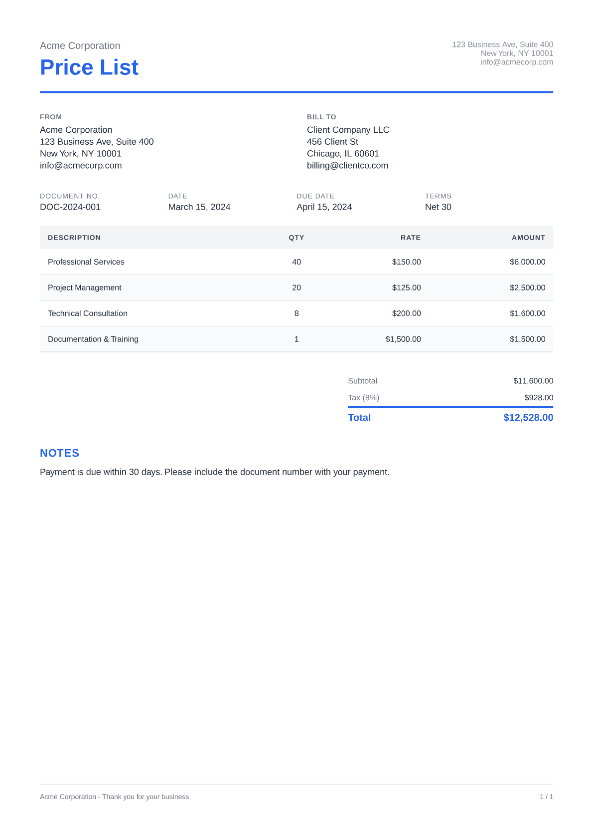 Price List - Clean theme