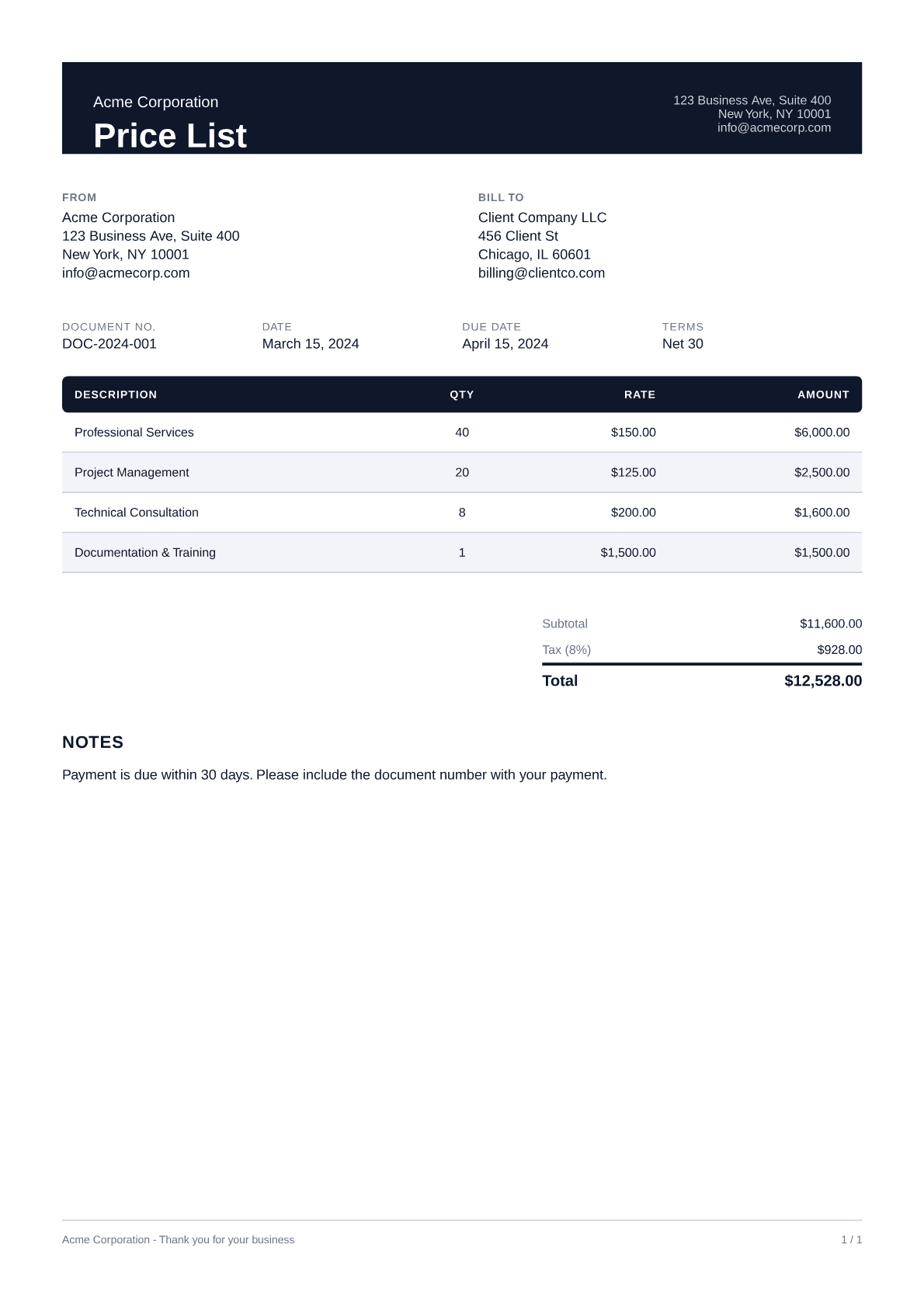 Price List - Professional theme