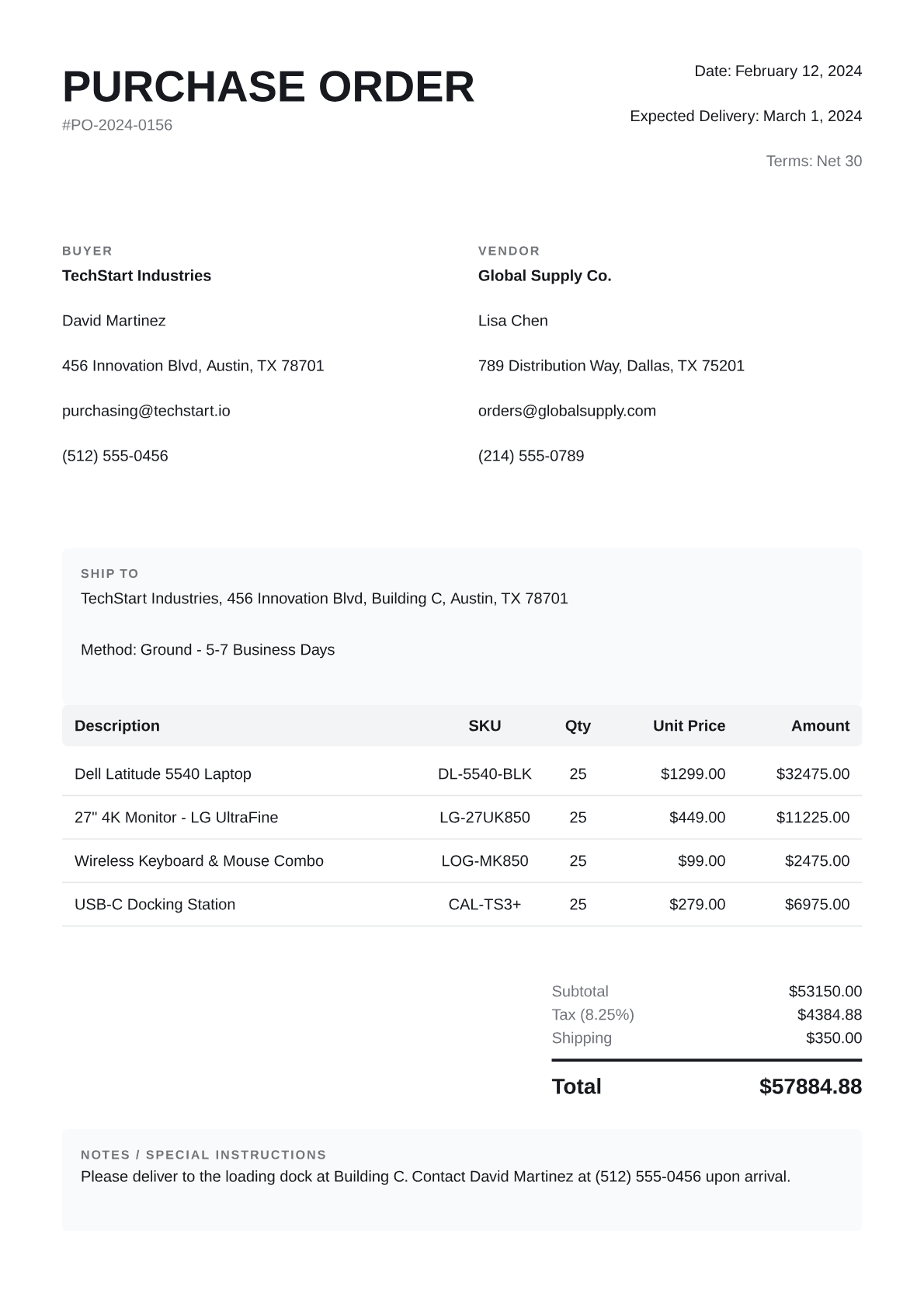 Clean purchase-order template preview
