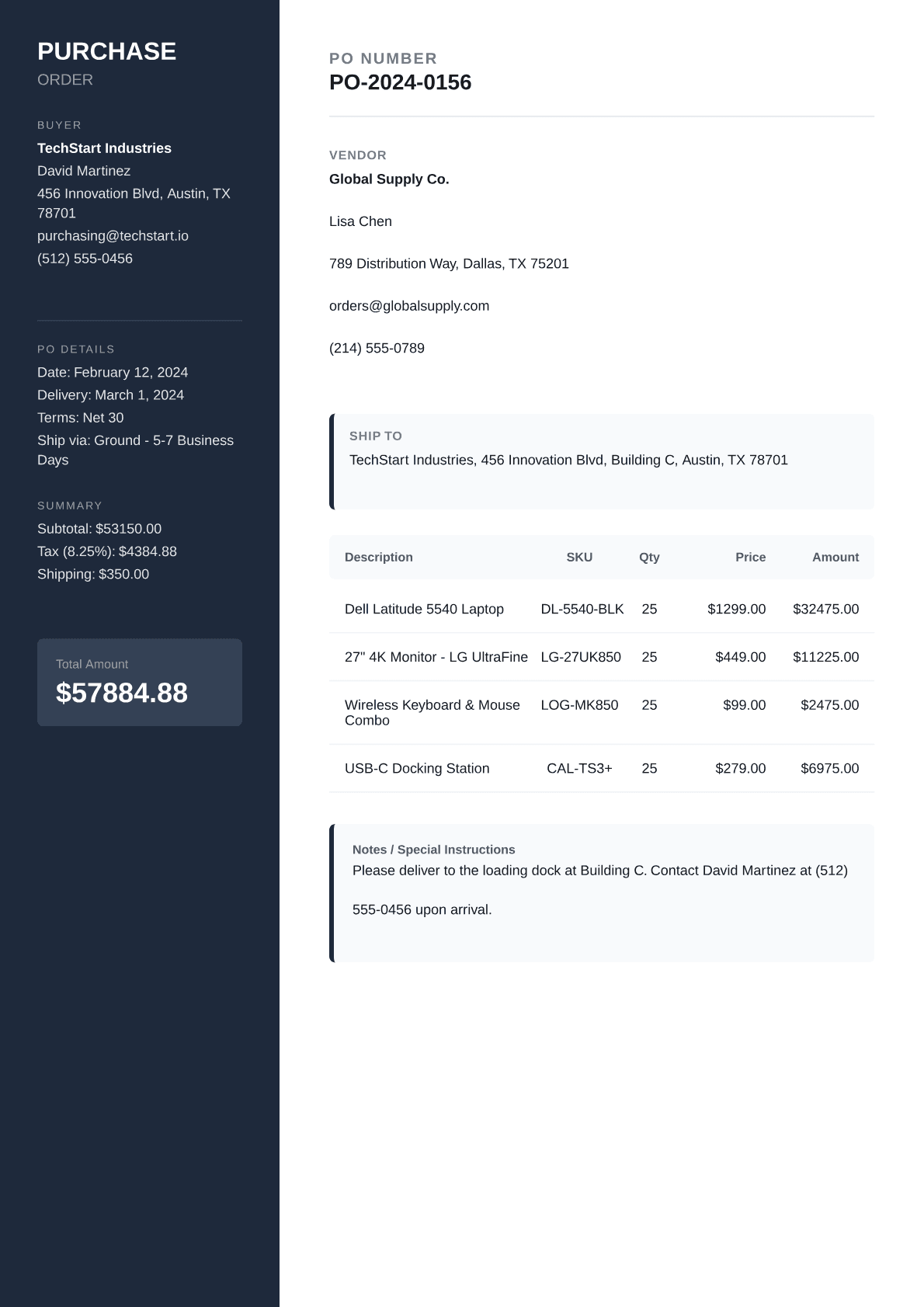 Sidebar purchase-order template preview
