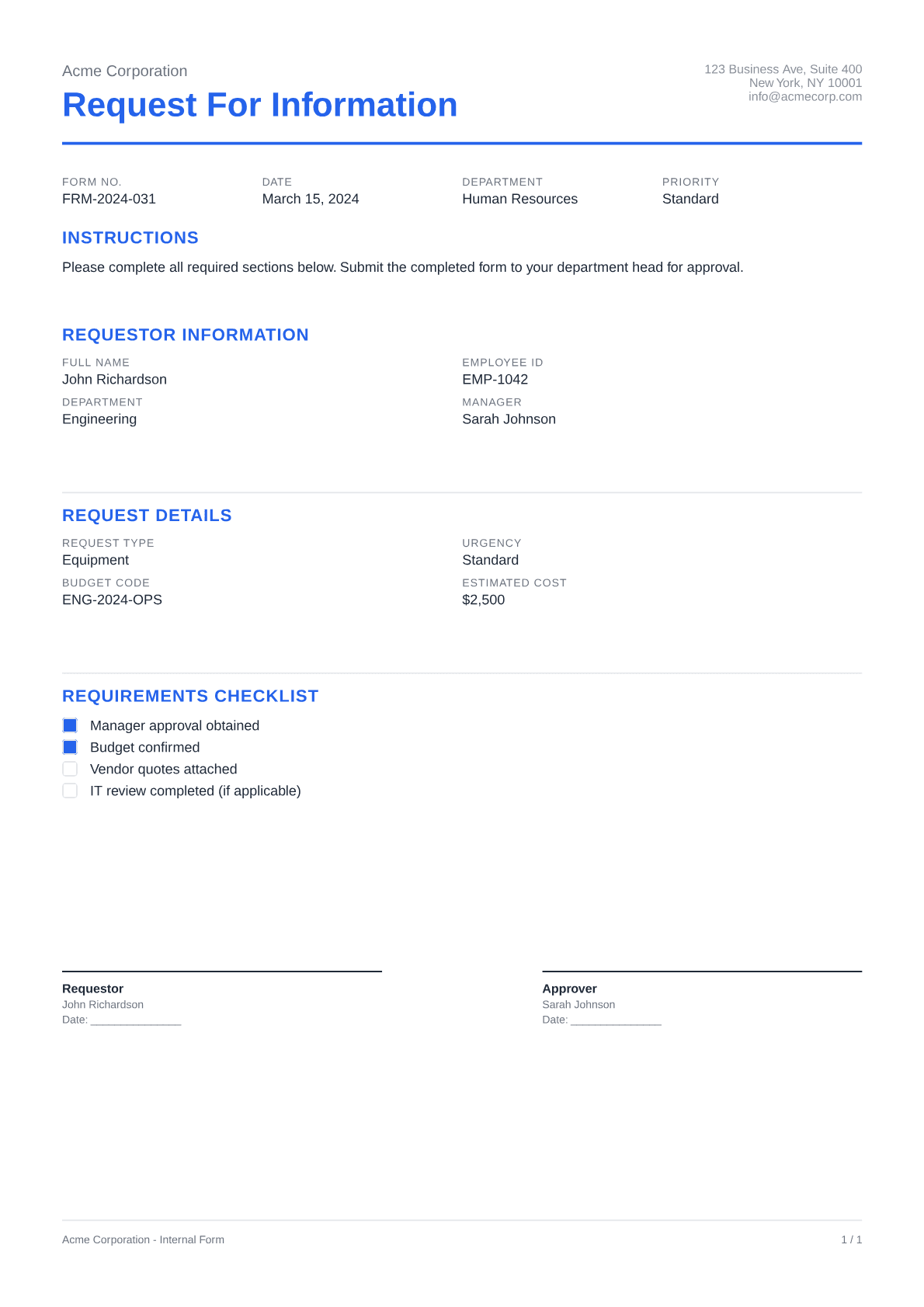 Request for Information - Clean theme