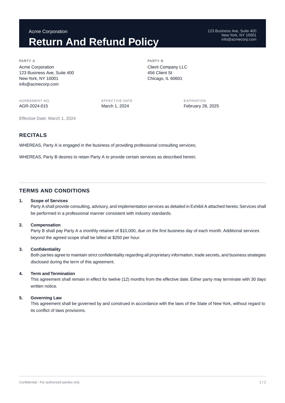 Return and Refund Policy - Professional theme