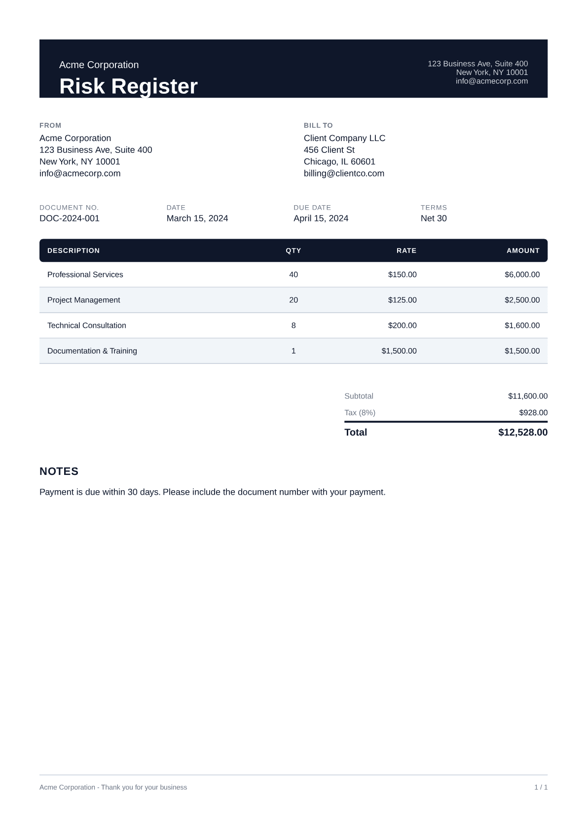 Risk Register - Professional theme