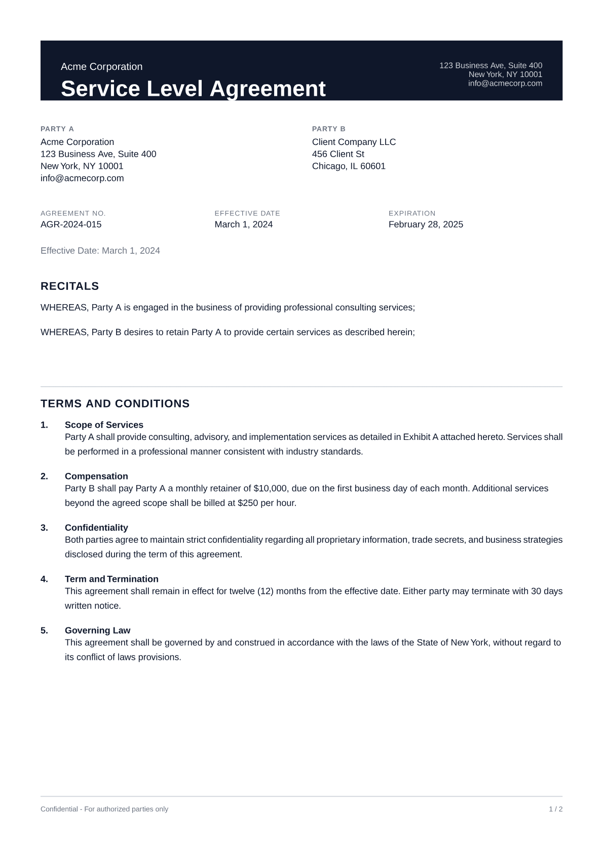 Service Level Agreement - Professional theme