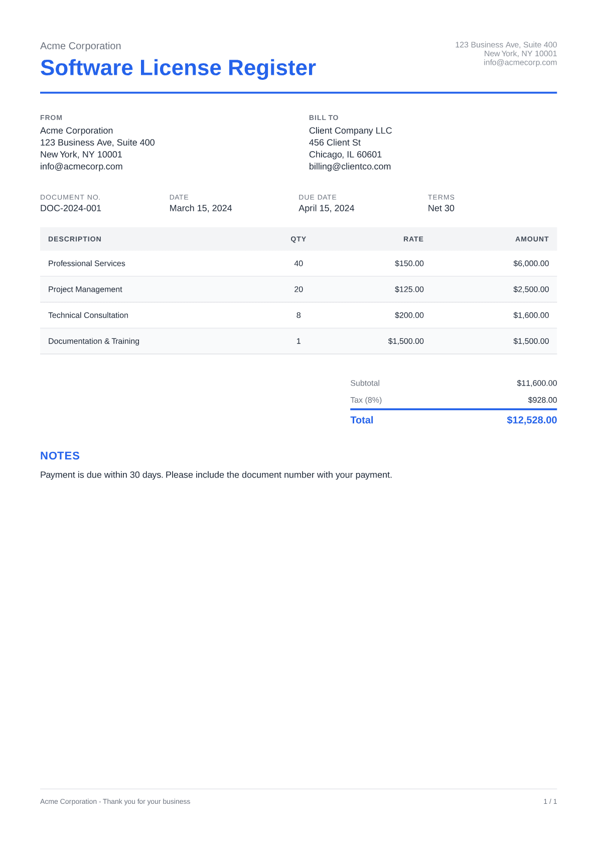 Software License Register - Clean theme