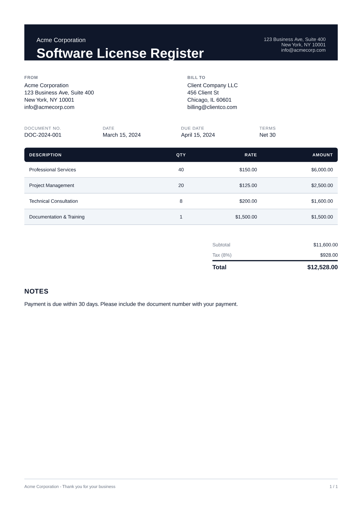 Software License Register - Professional theme