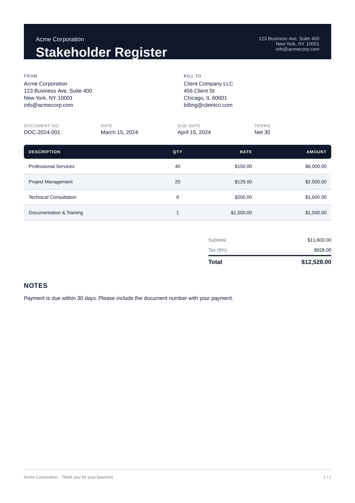 Stakeholder Register - Professional theme