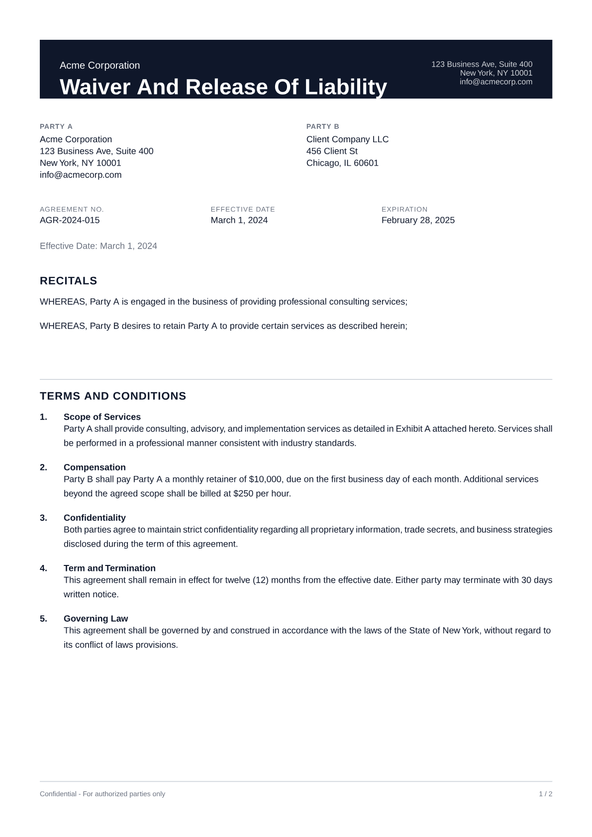 Waiver and Release of Liability - Professional theme