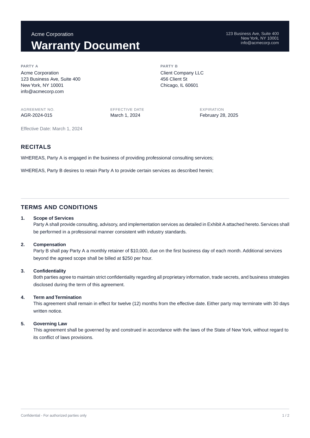 Warranty Document - Professional theme